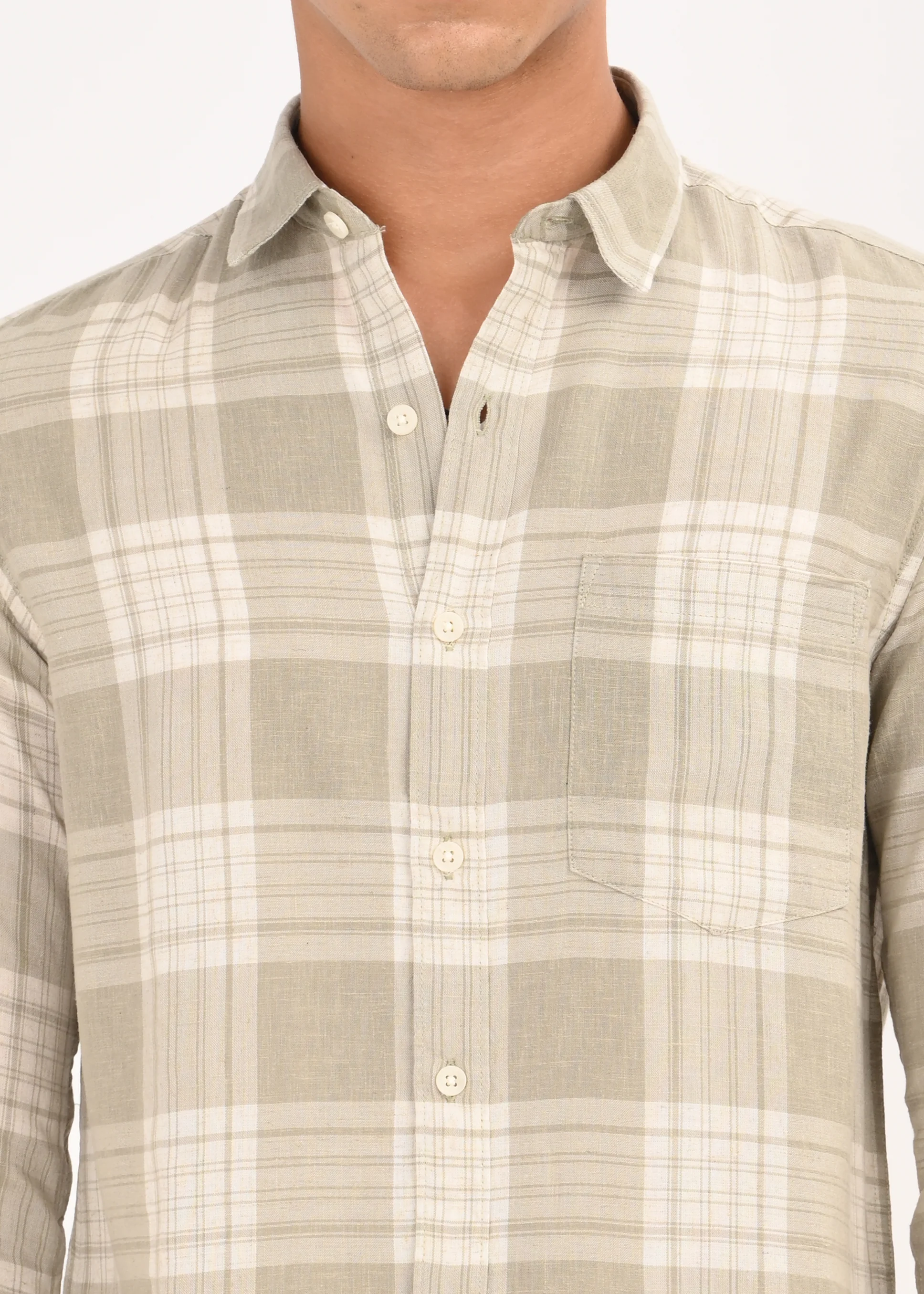 Men Green Linen Cotton Checked Shirt - Image 5