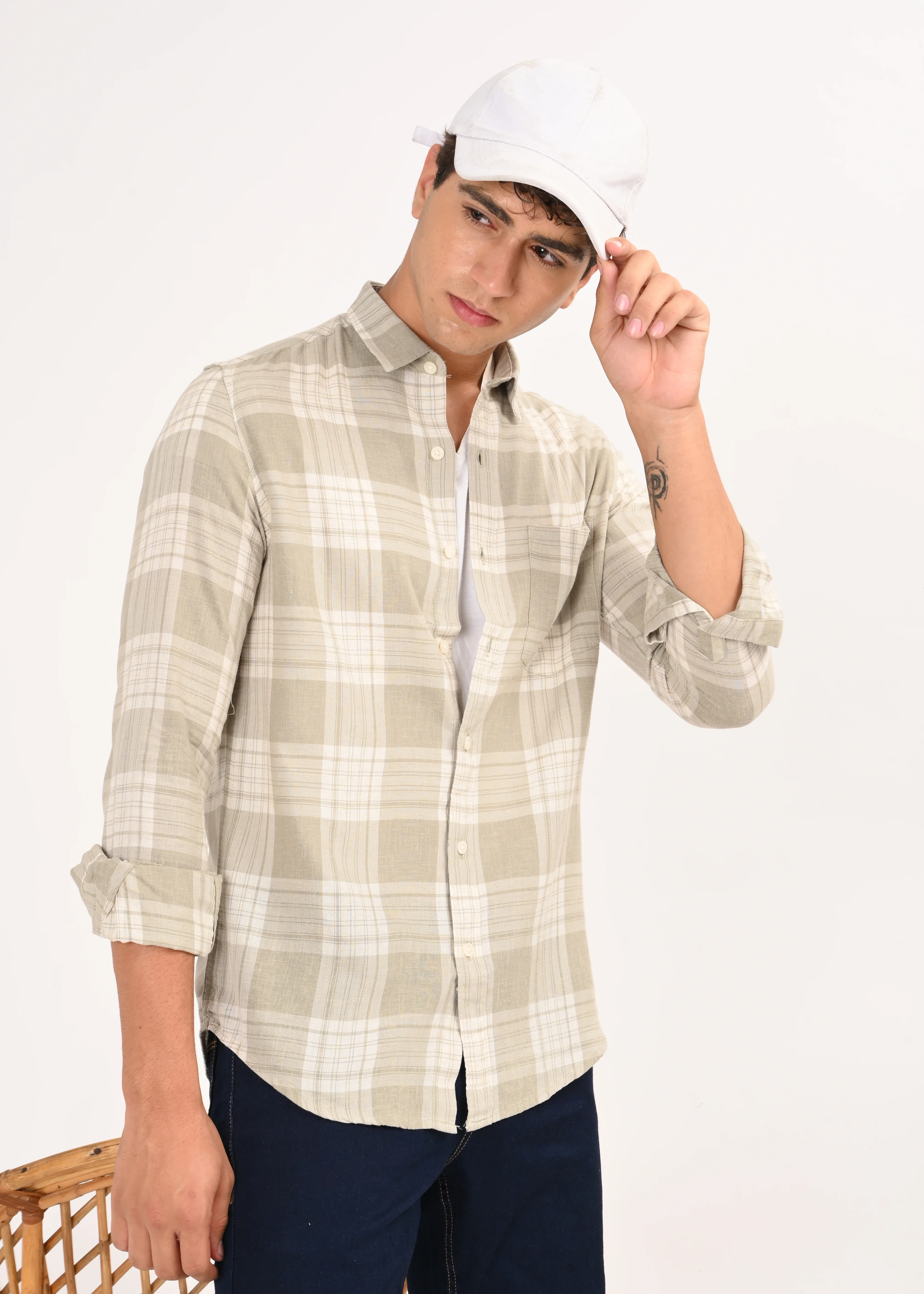 Men Green Linen Cotton Checked Shirt - Image 6