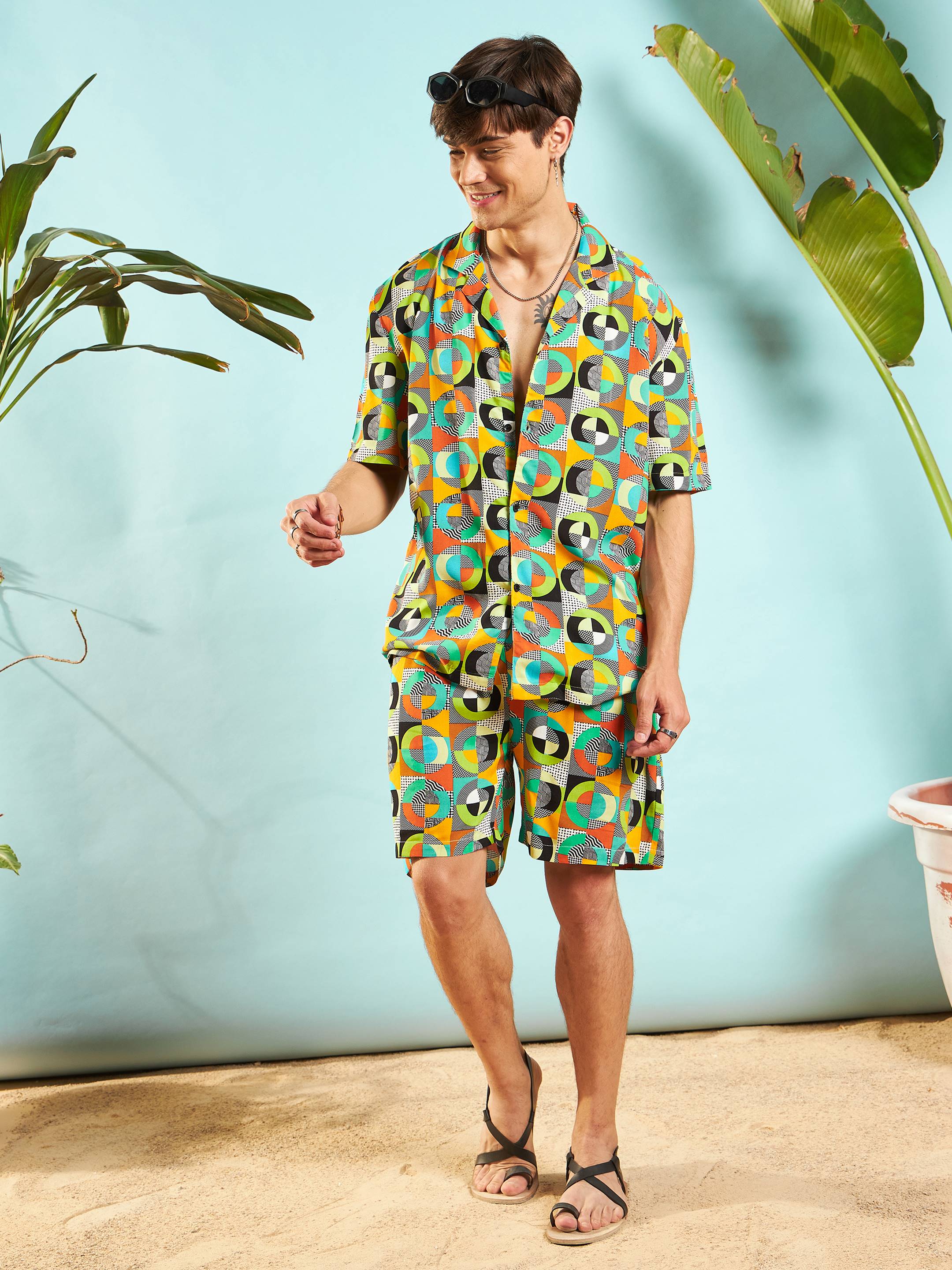 Men Green Multi Color Geometric Relax Fit Shirt - Image 6