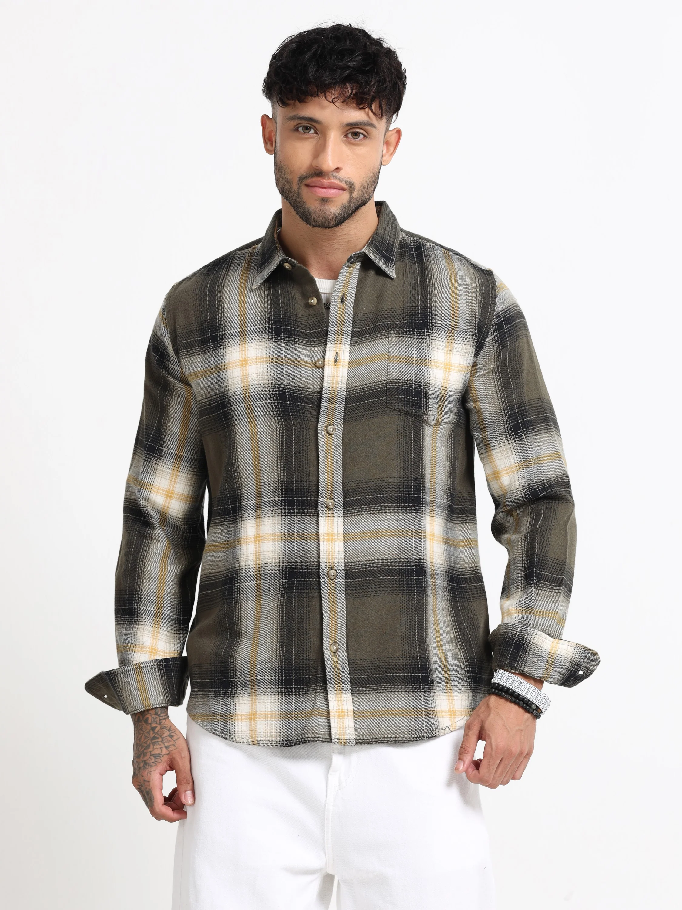 Men Green Multi Check Shirt - Image 2