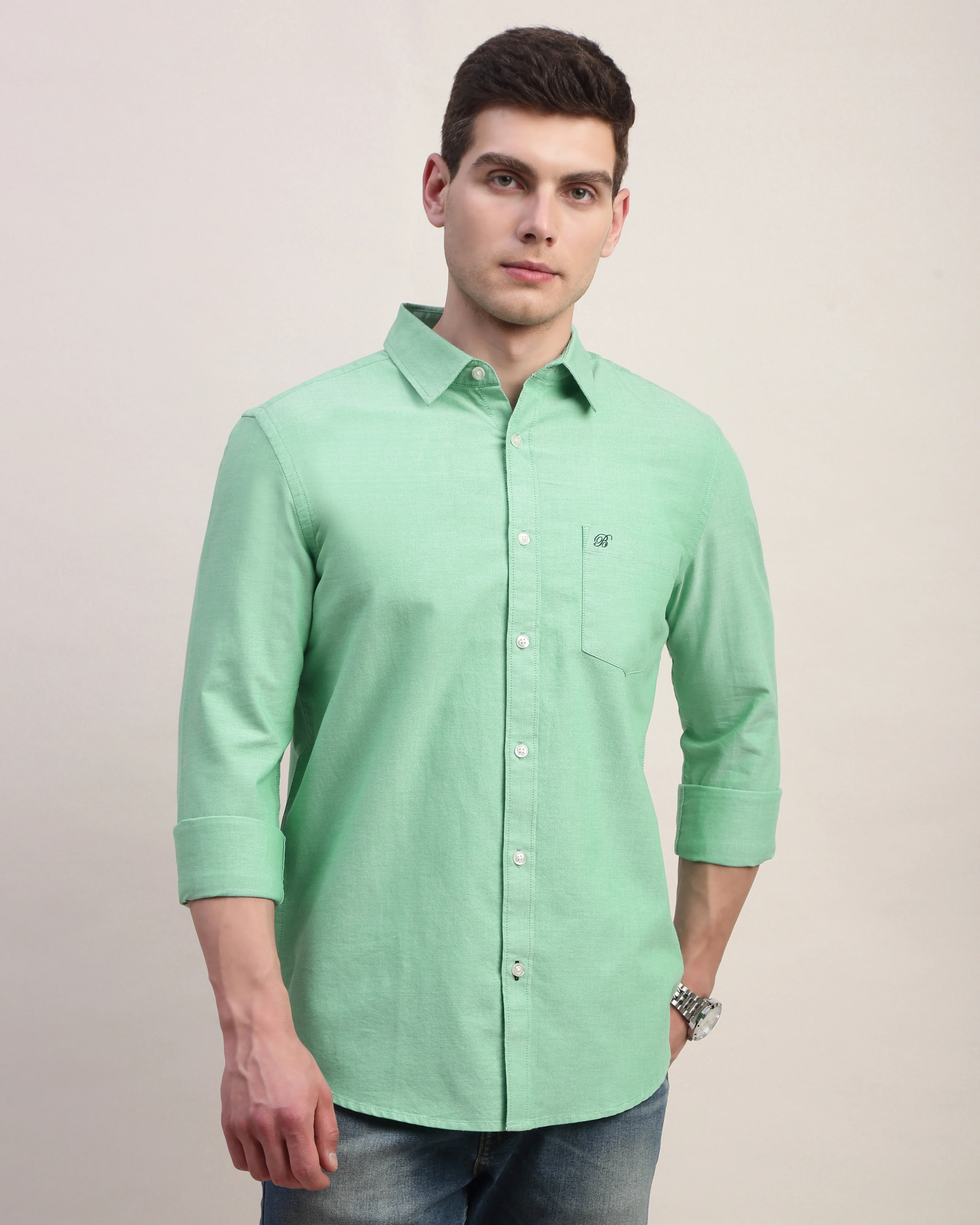 Men Green Oxford Shirt - Image 4