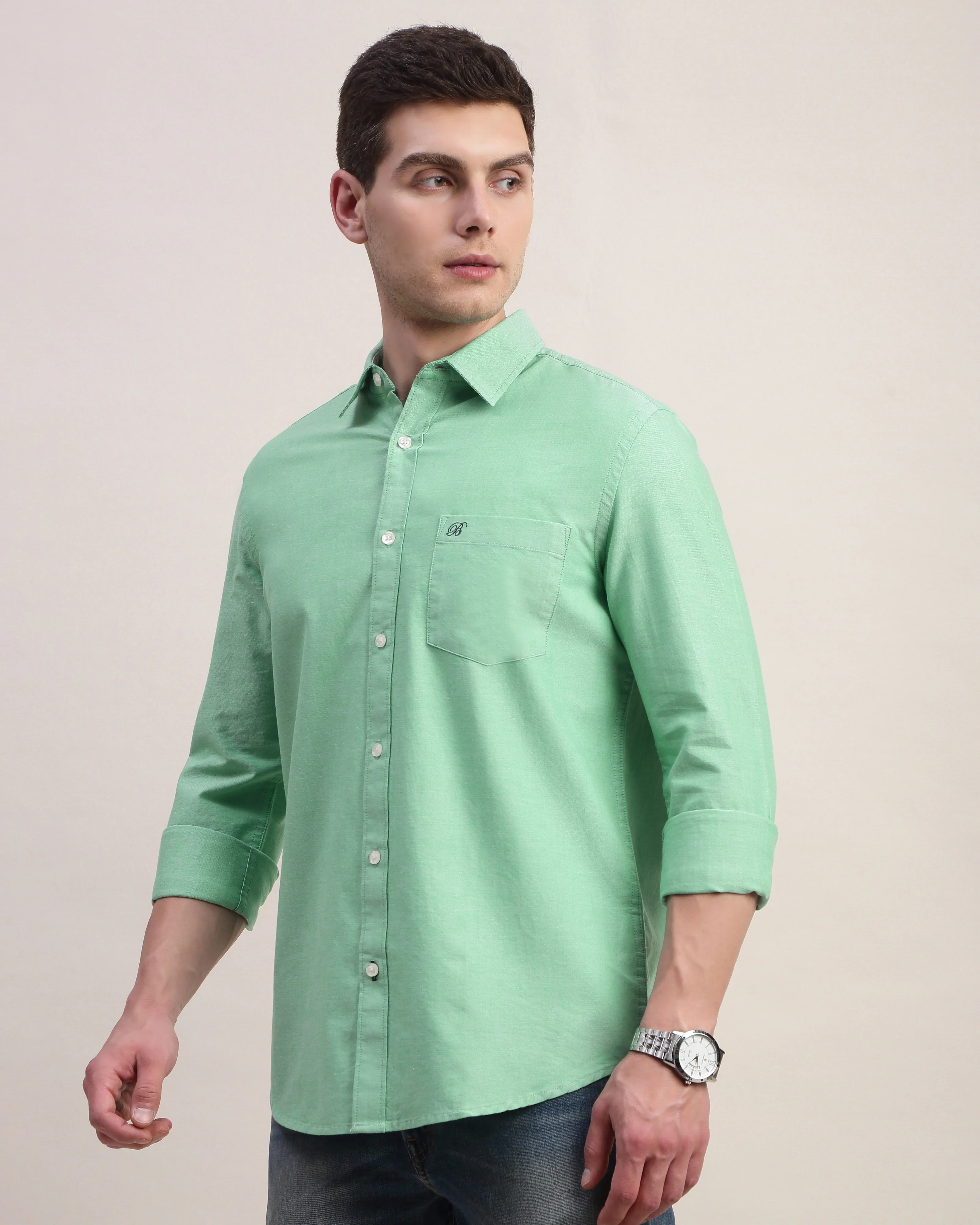 Men Green Oxford Shirt - Image 6
