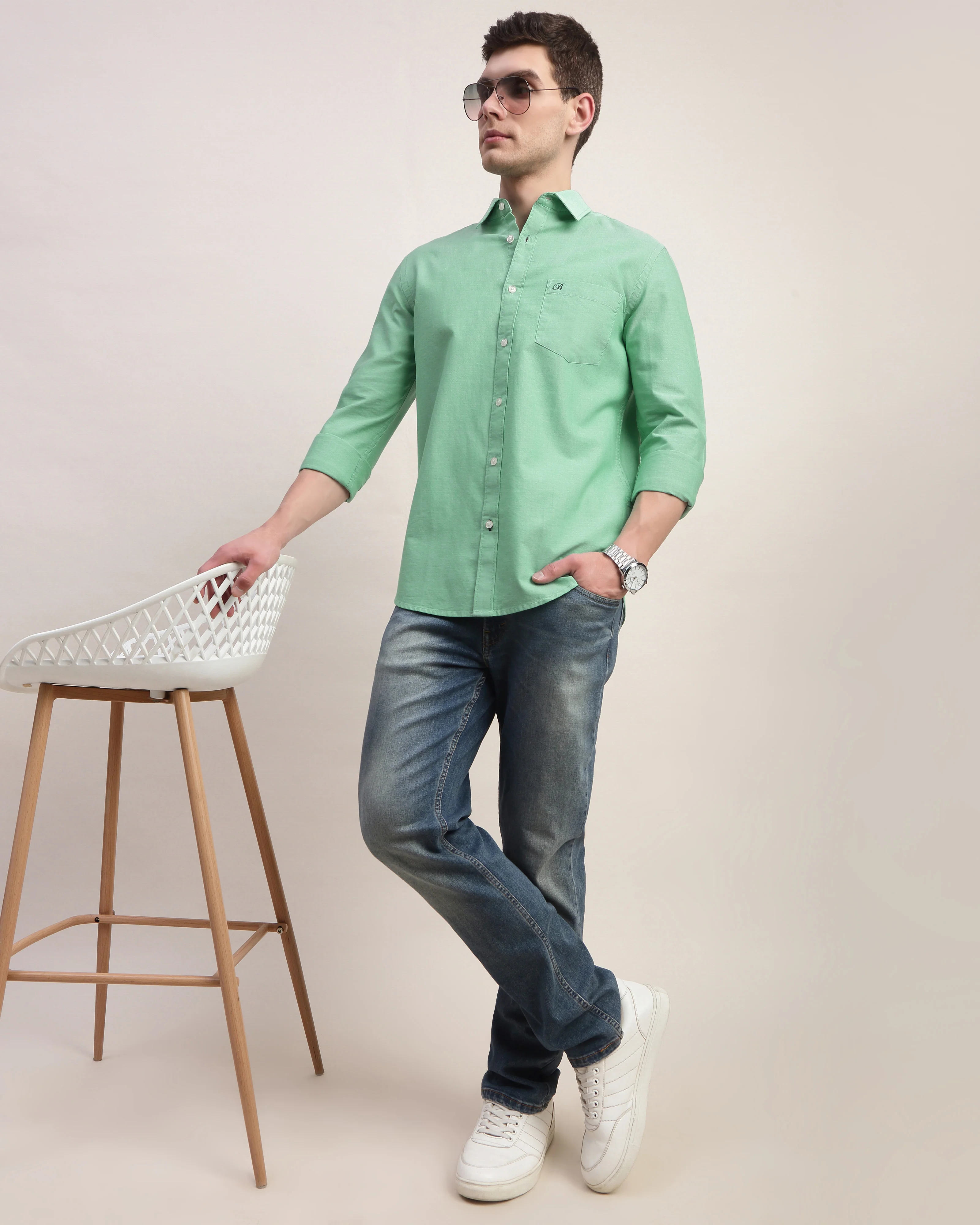 Men Green Oxford Shirt - Image 8