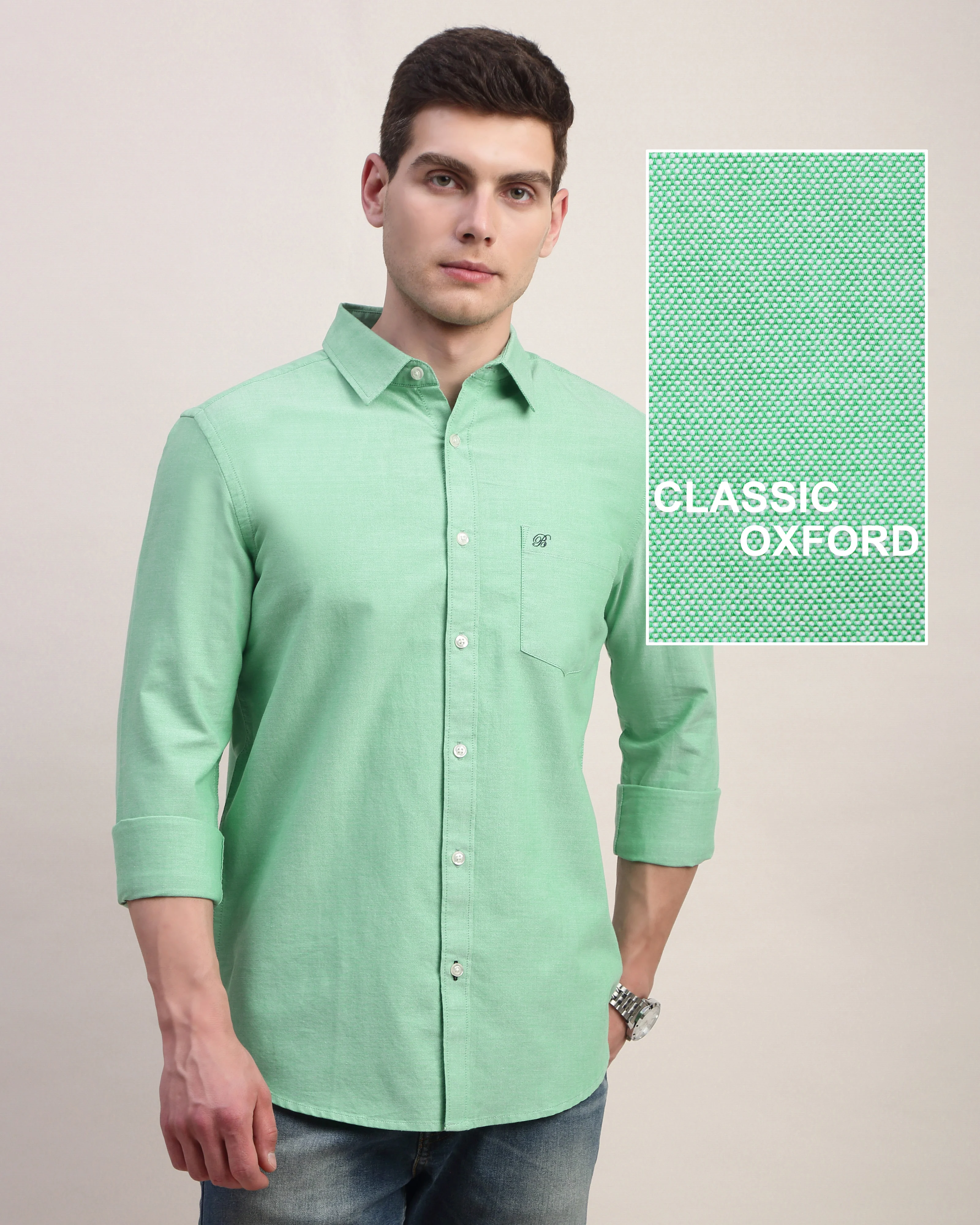 Men Green Oxford Shirt - Image 9