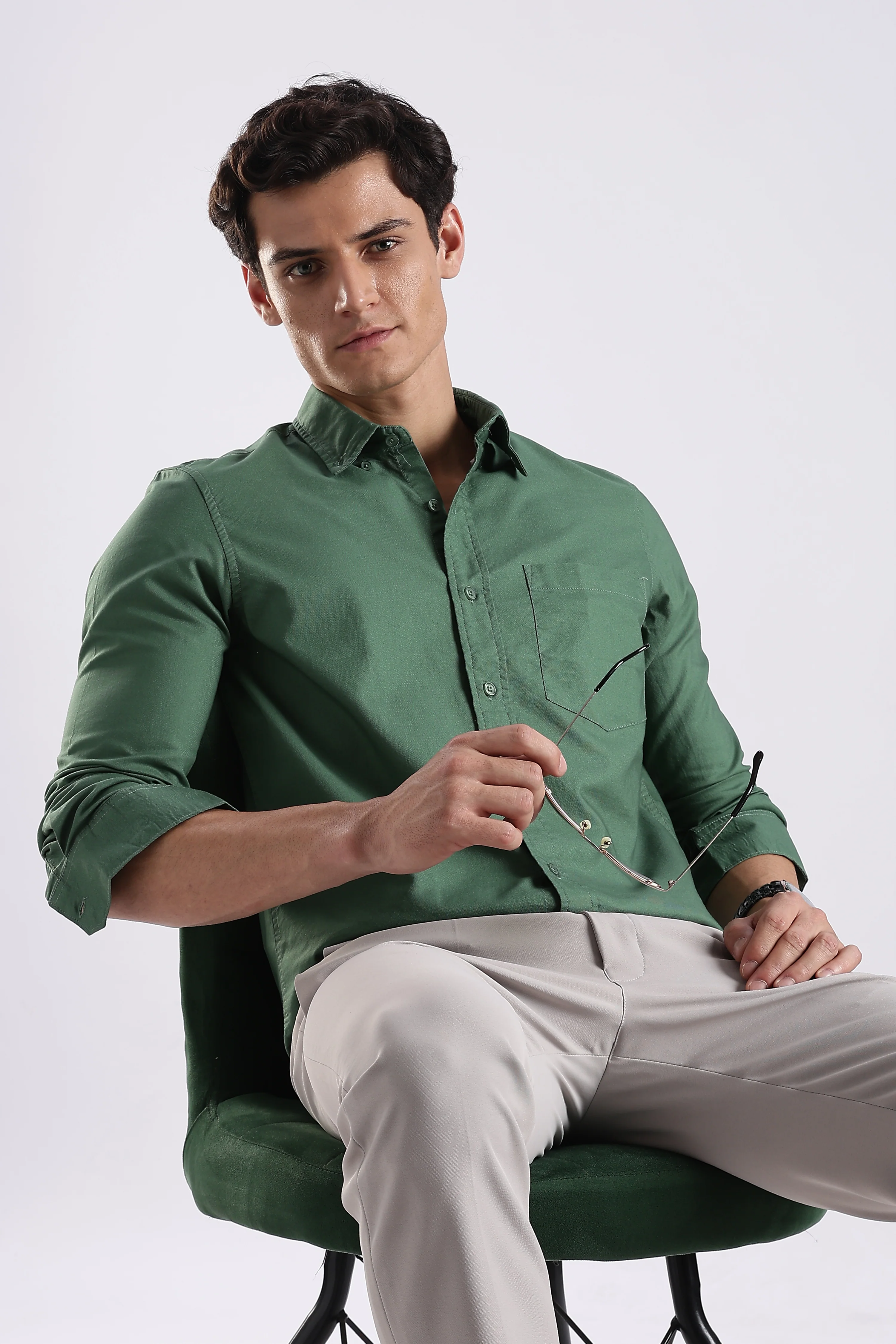 Men Green Oxford Solid Shirt - Image 11