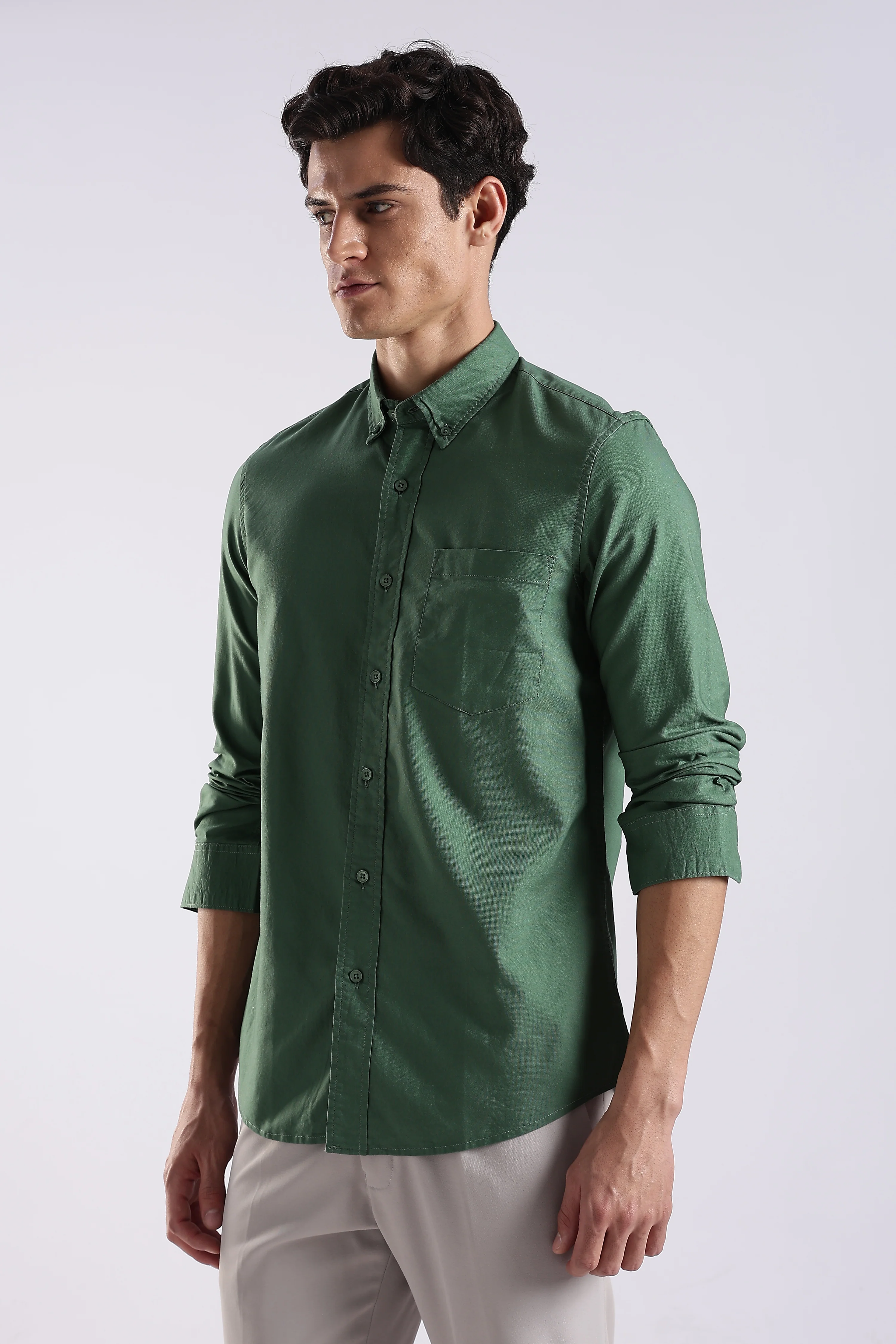 Men Green Oxford Solid Shirt - Image 3