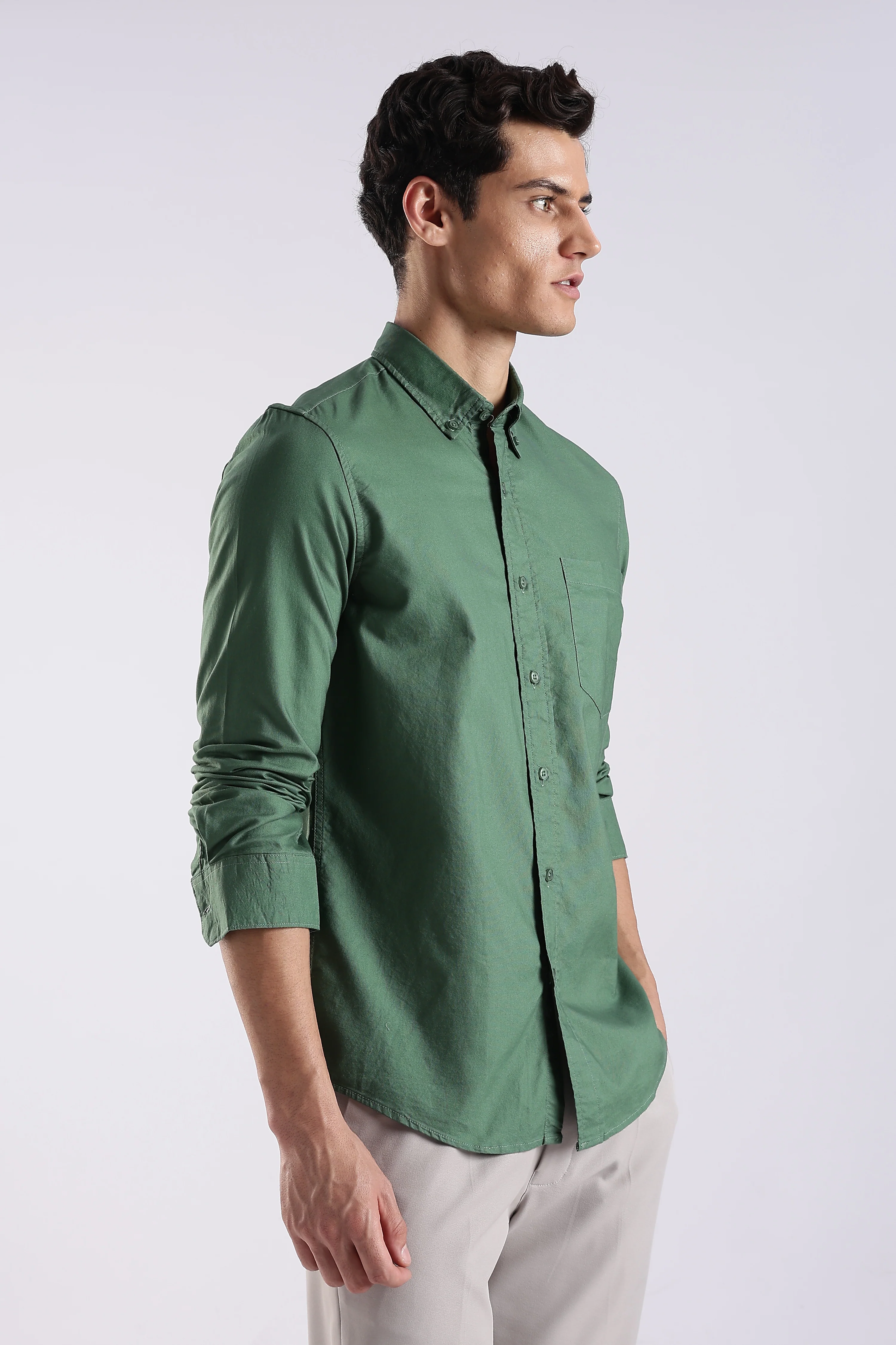 Men Green Oxford Solid Shirt - Image 4
