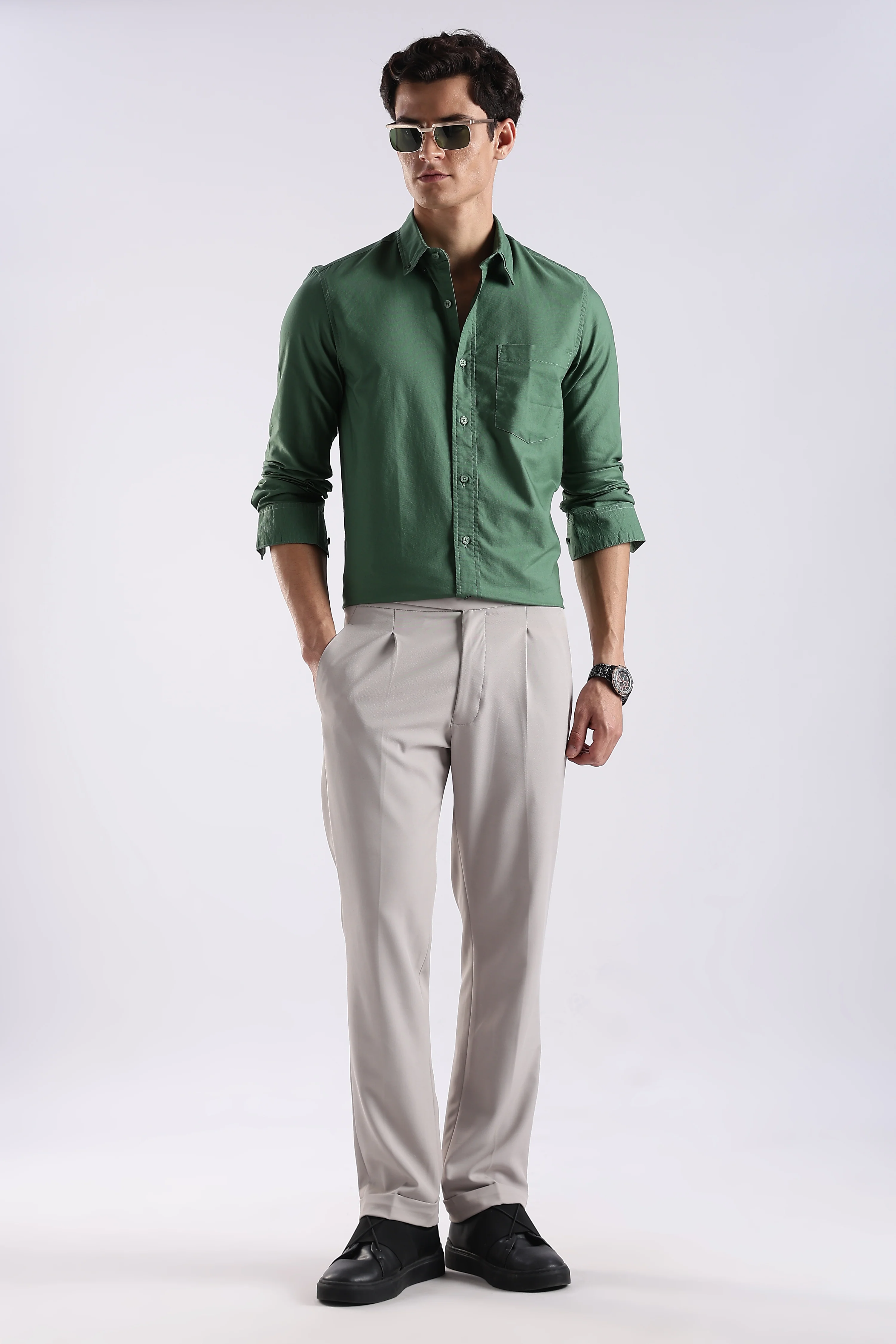 Men Green Oxford Solid Shirt - Image 7