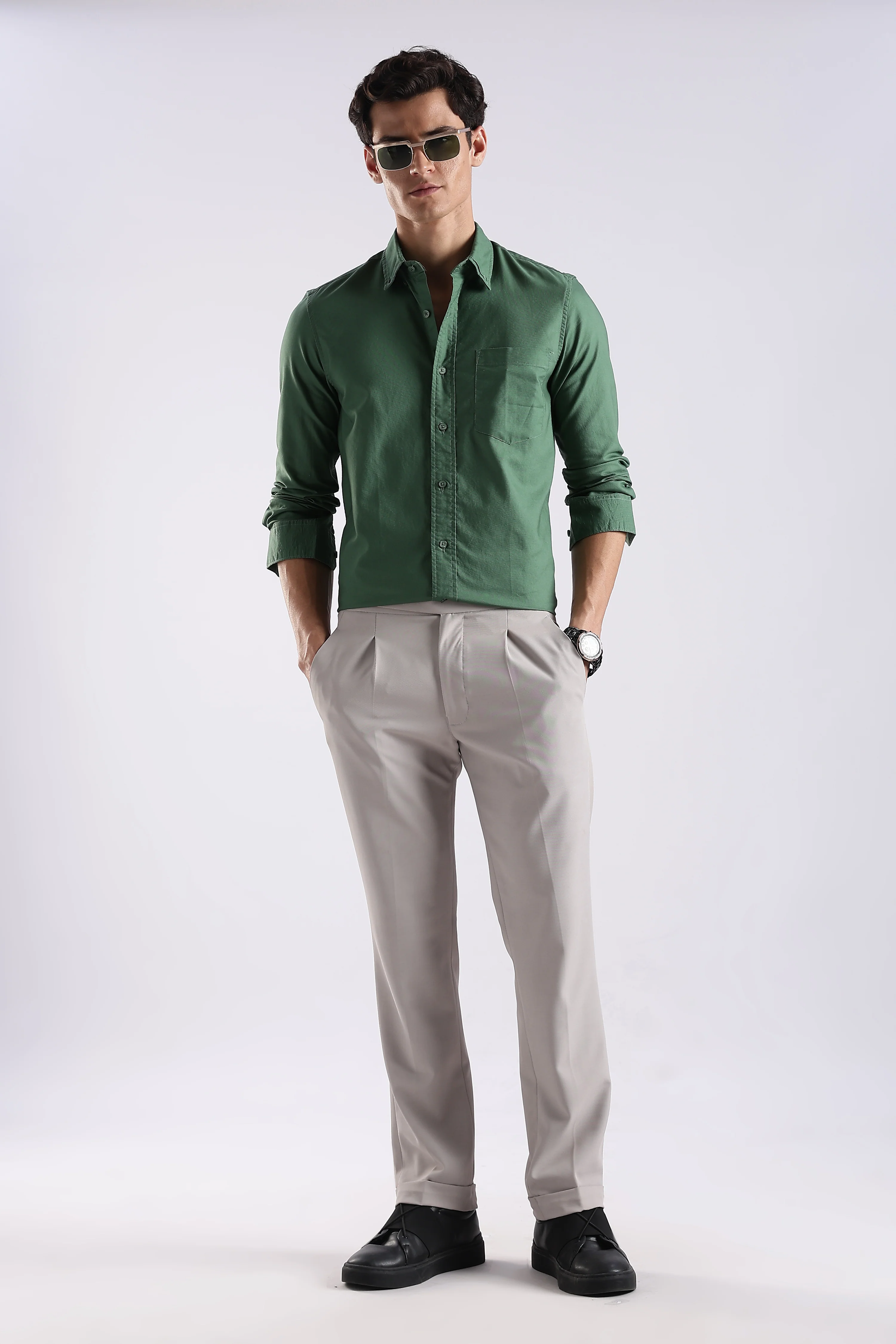 Men Green Oxford Solid Shirt - Image 9