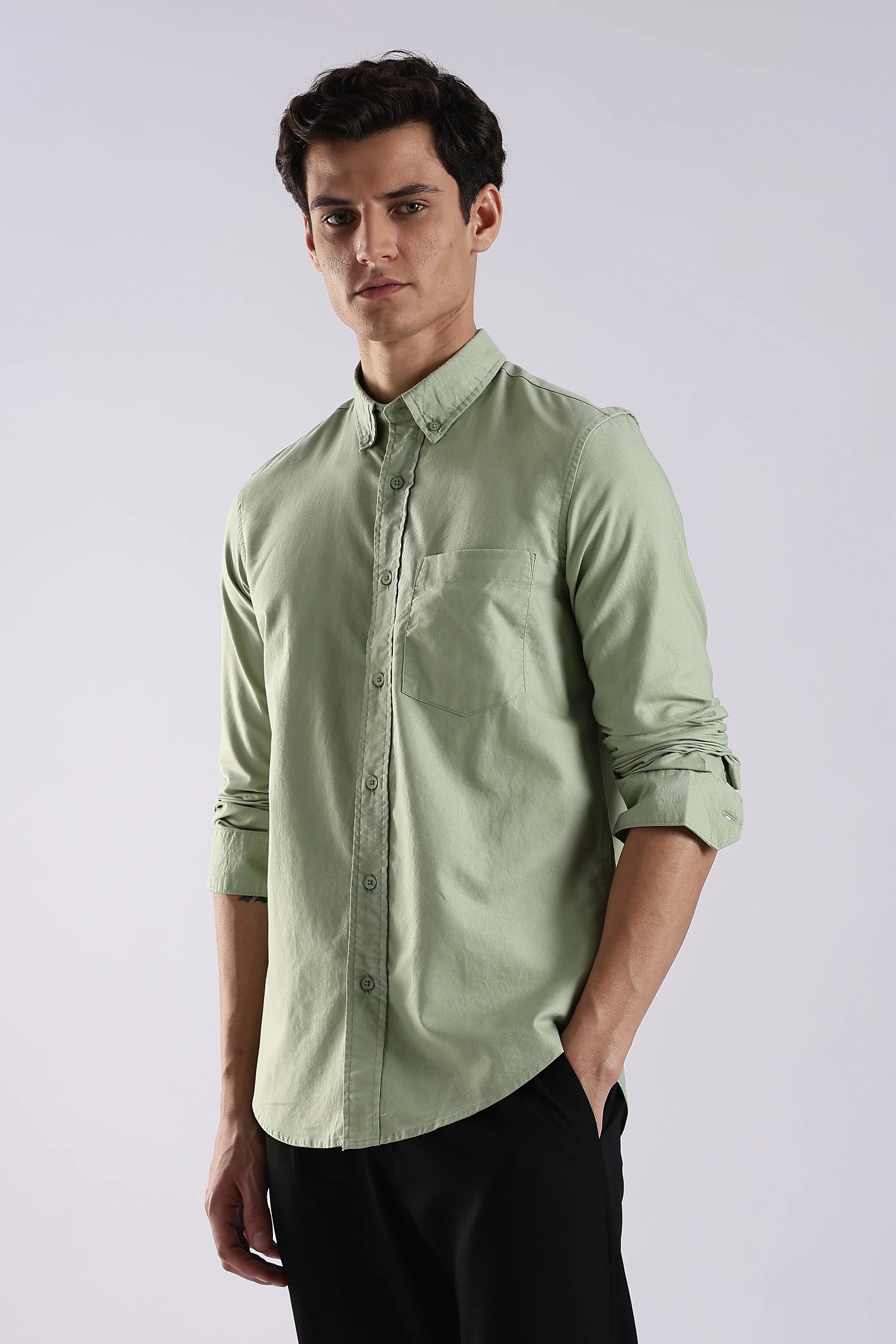 Men Green Oxford Solid Shirt - Image 3