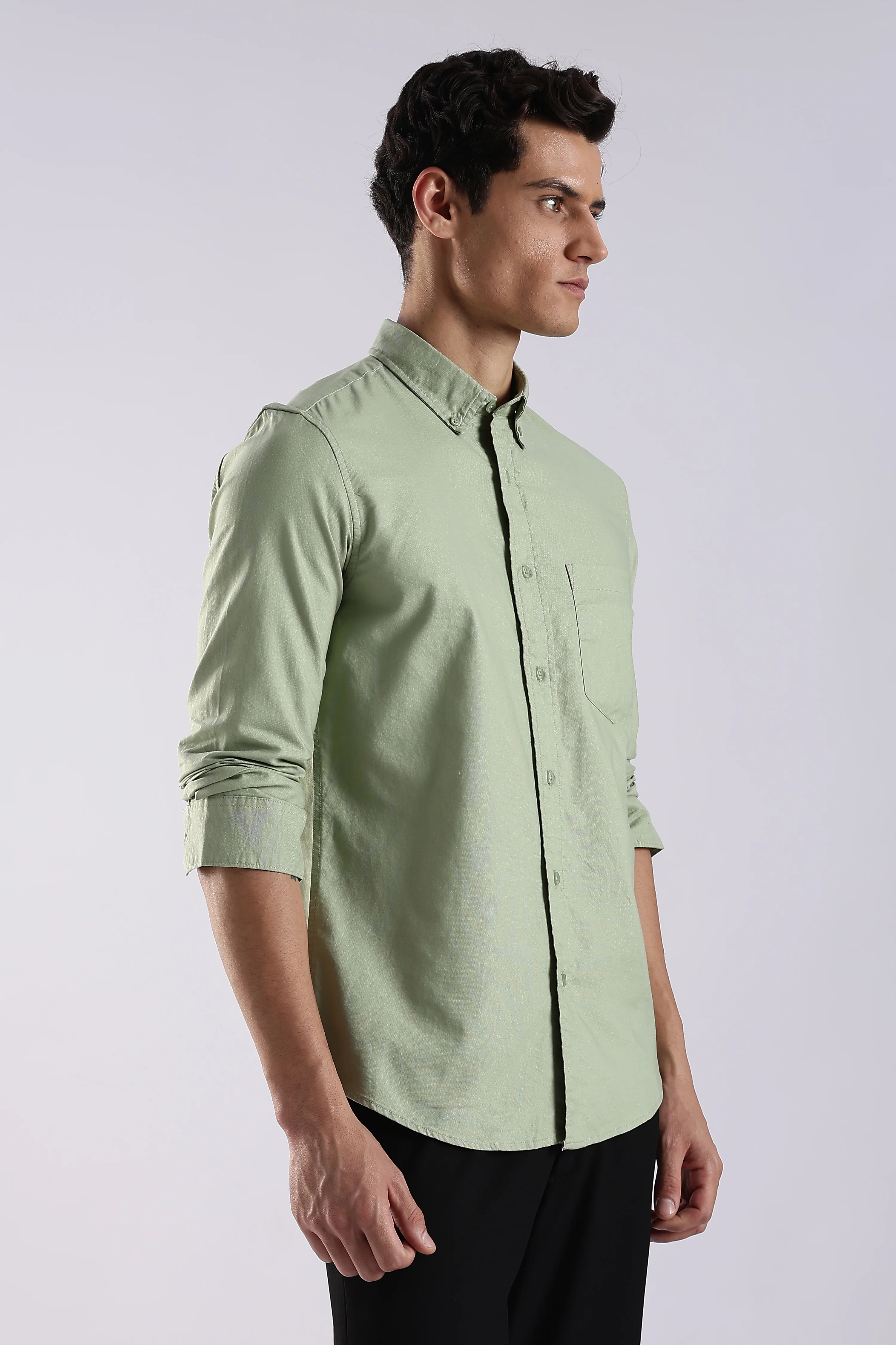 Men Green Oxford Solid Shirt - Image 4