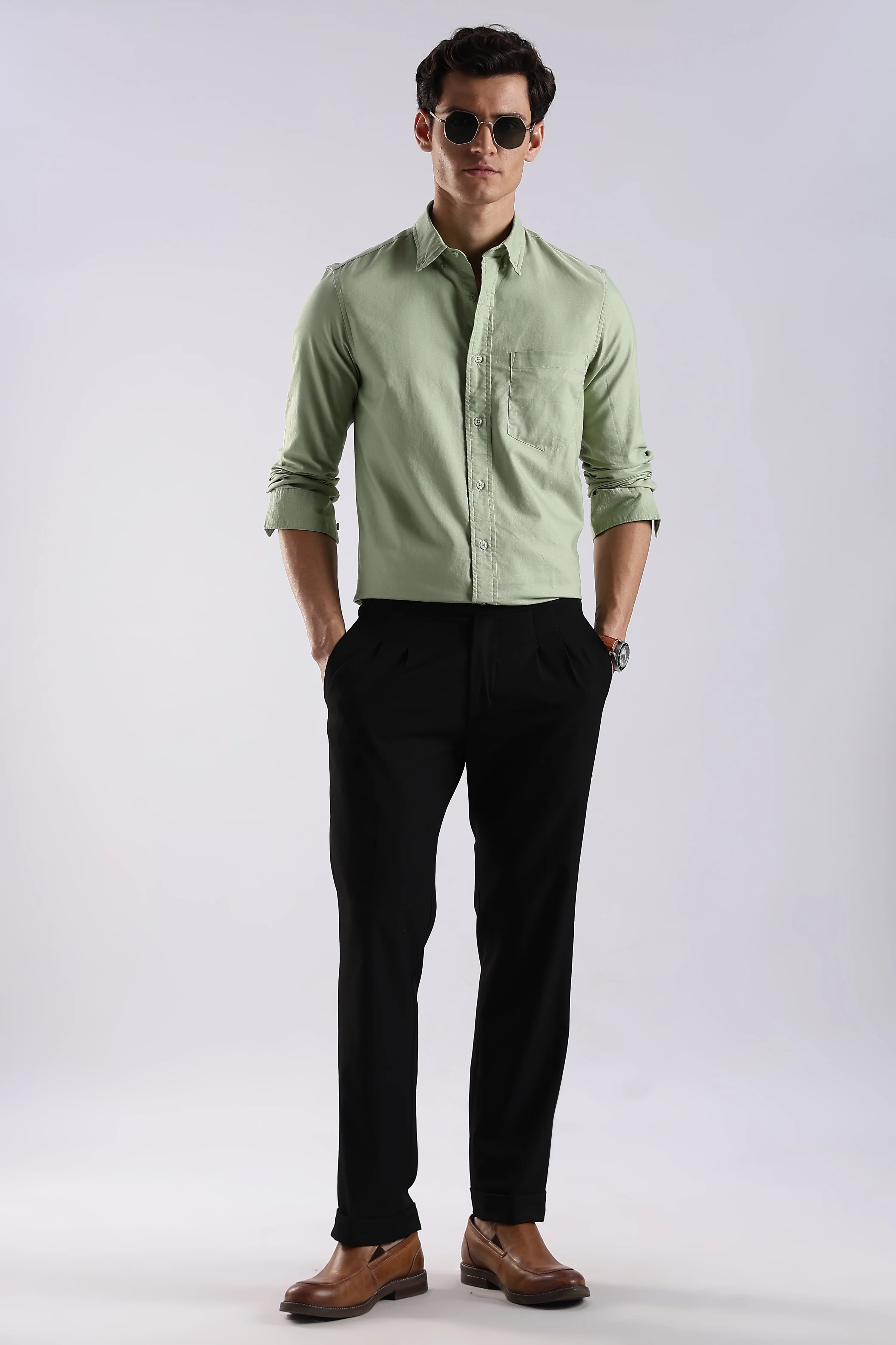 Men Green Oxford Solid Shirt - Image 8