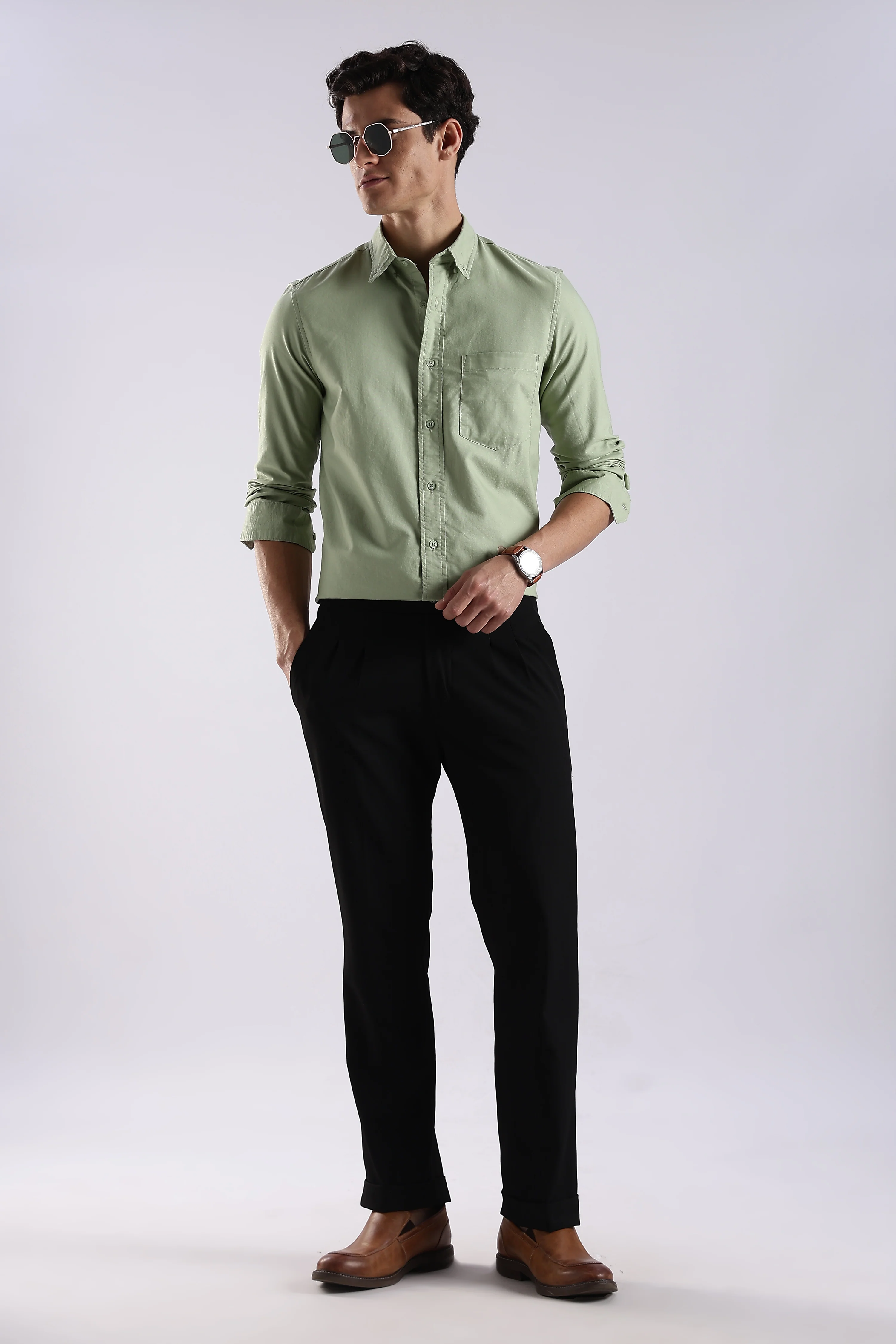 Men Green Oxford Solid Shirt - Image 9
