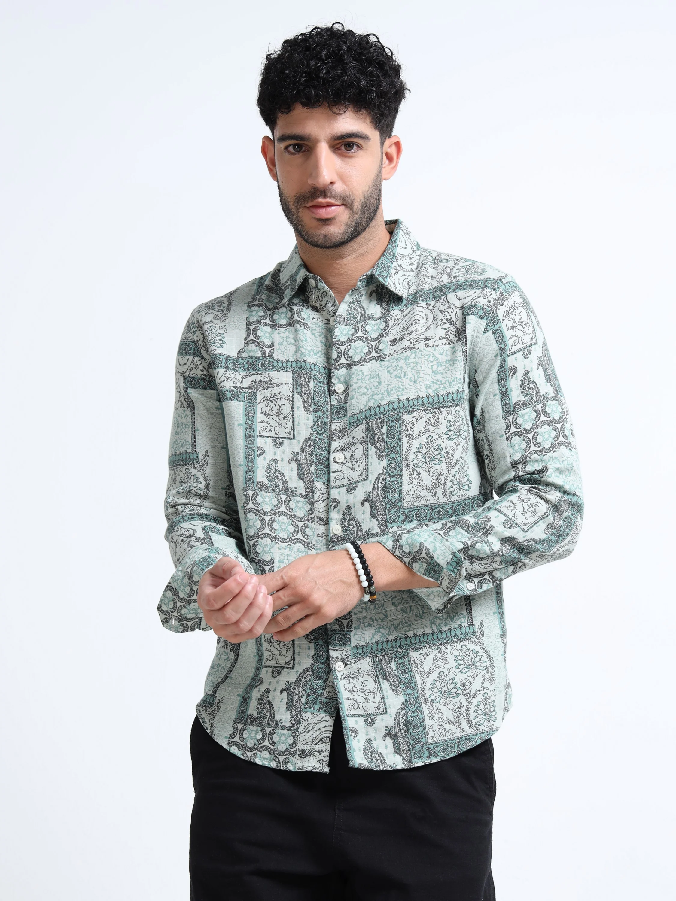 Men Green Paisley Patch Shirt - Image 2