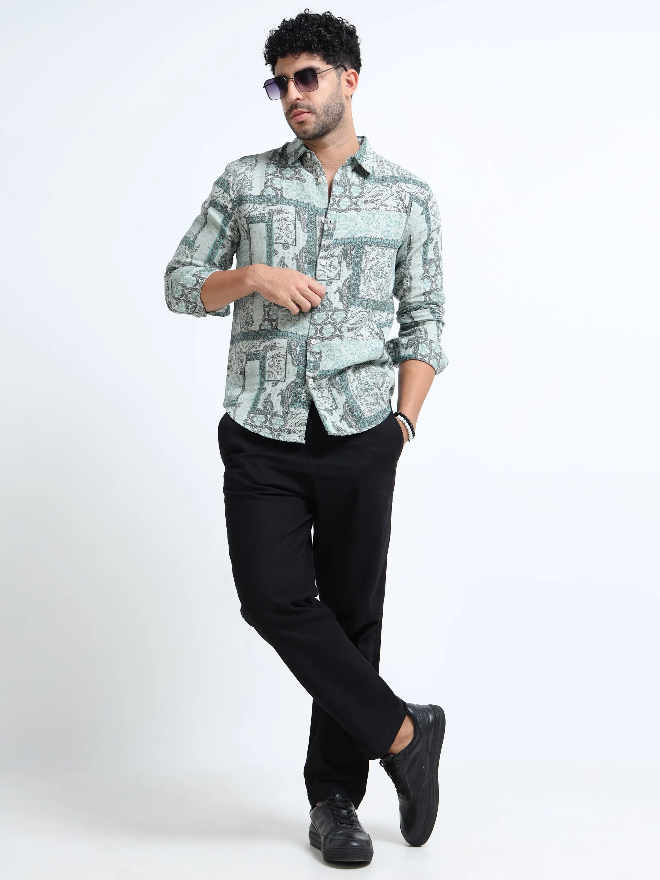 Men Green Paisley Patch Shirt - Image 3