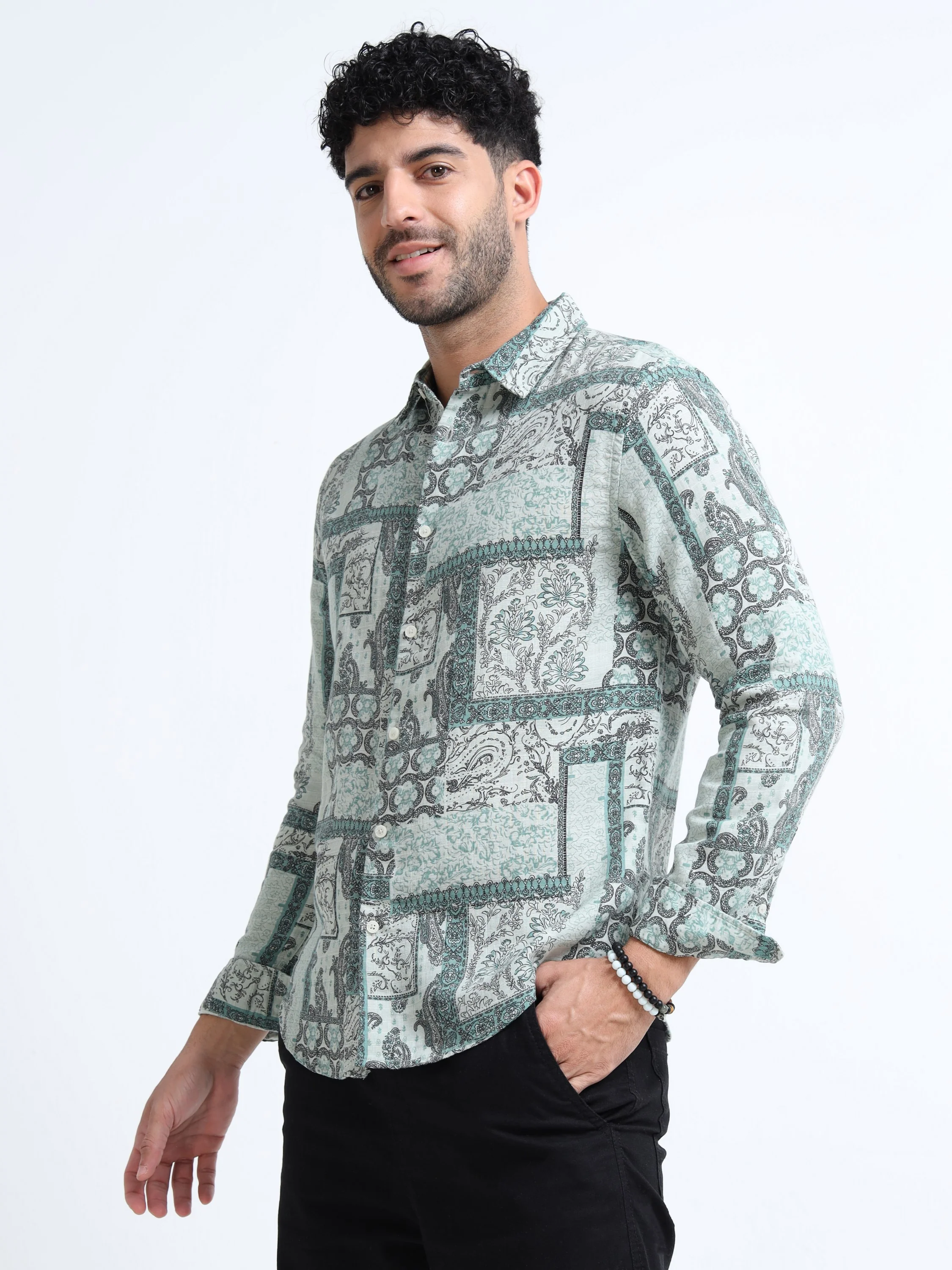 Men Green Paisley Patch Shirt - Image 5