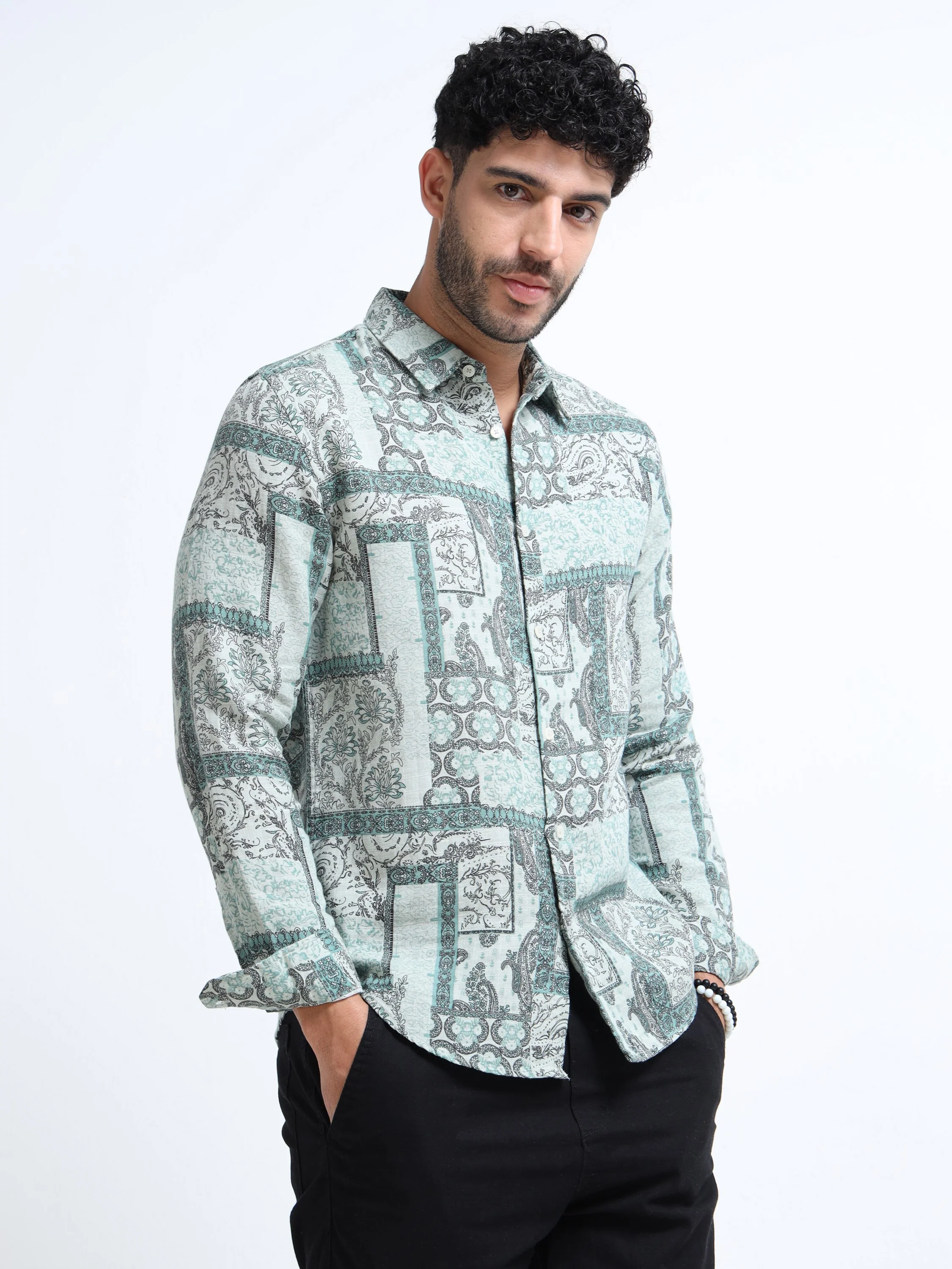 Men Green Paisley Patch Shirt - Image 6