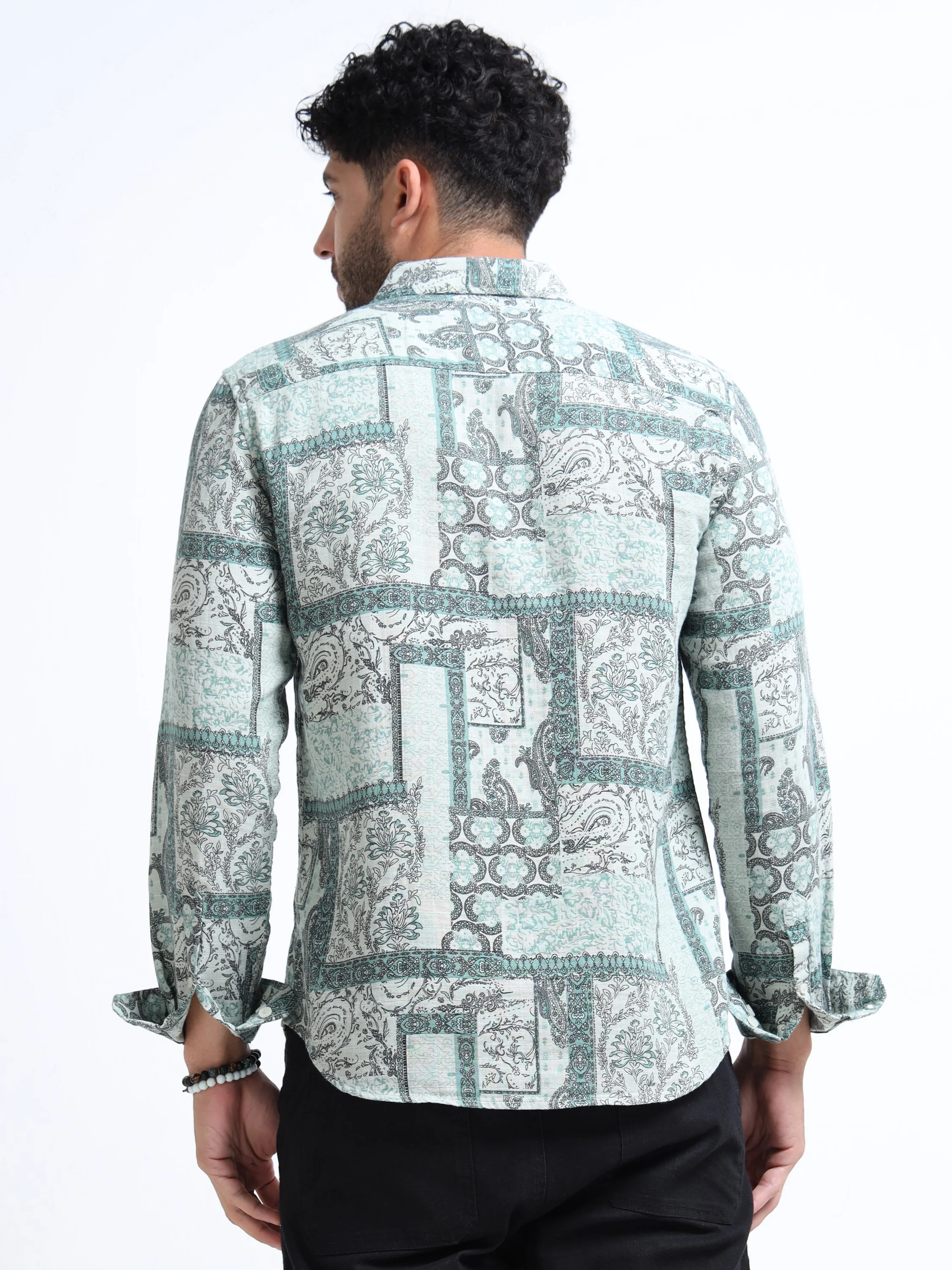 Men Green Paisley Patch Shirt - Image 7