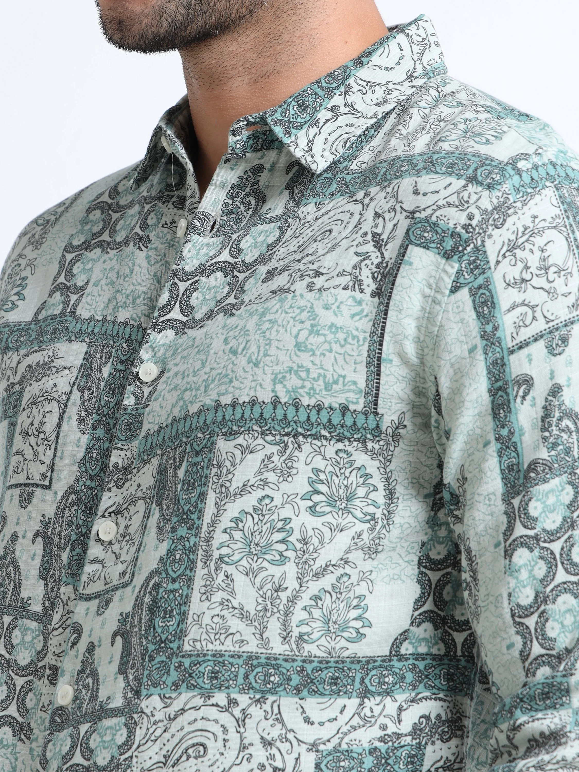 Men Green Paisley Patch Shirt - Image 8