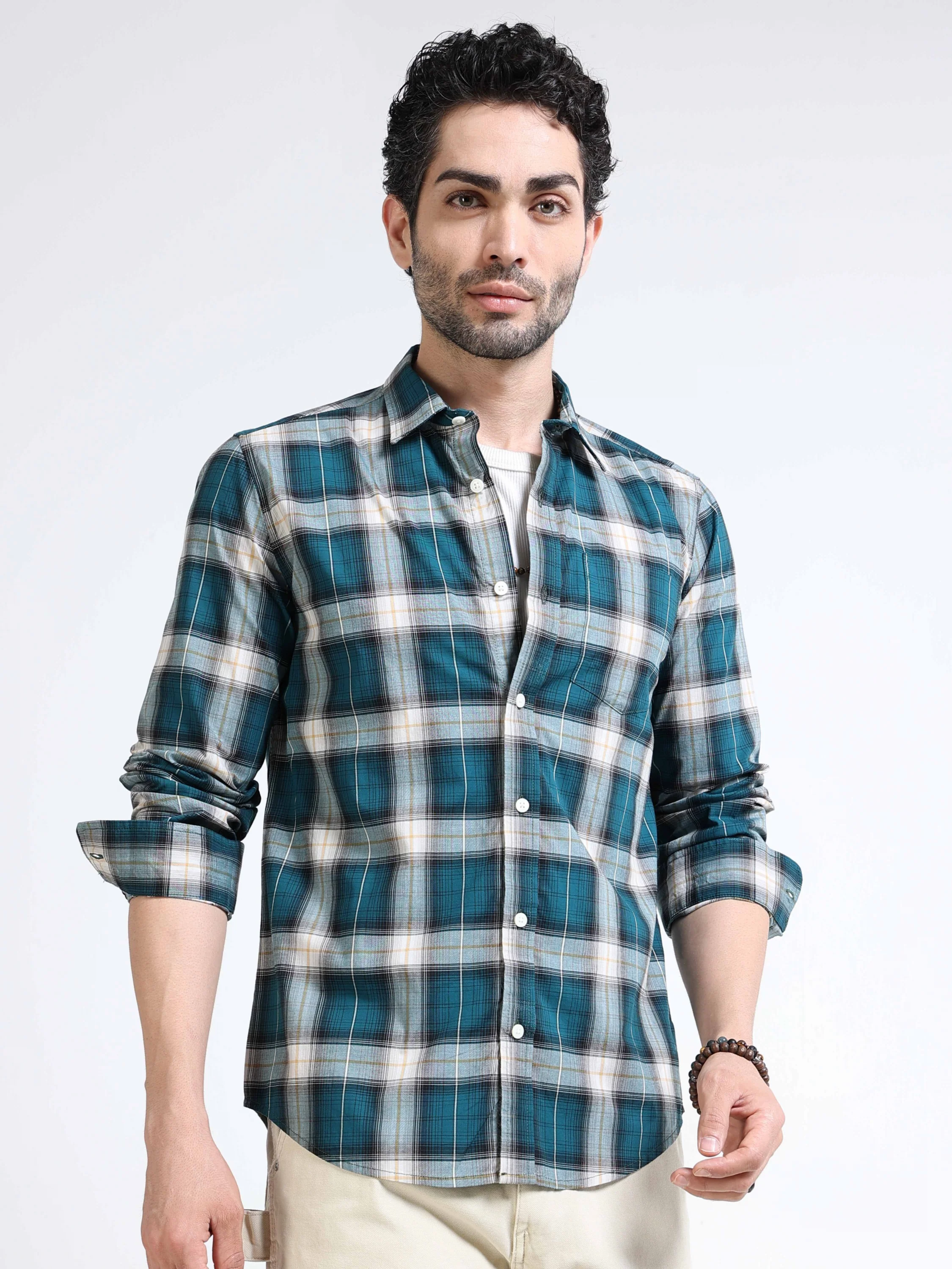 Men Green Plaid Regular Fit Shirt - Image 5
