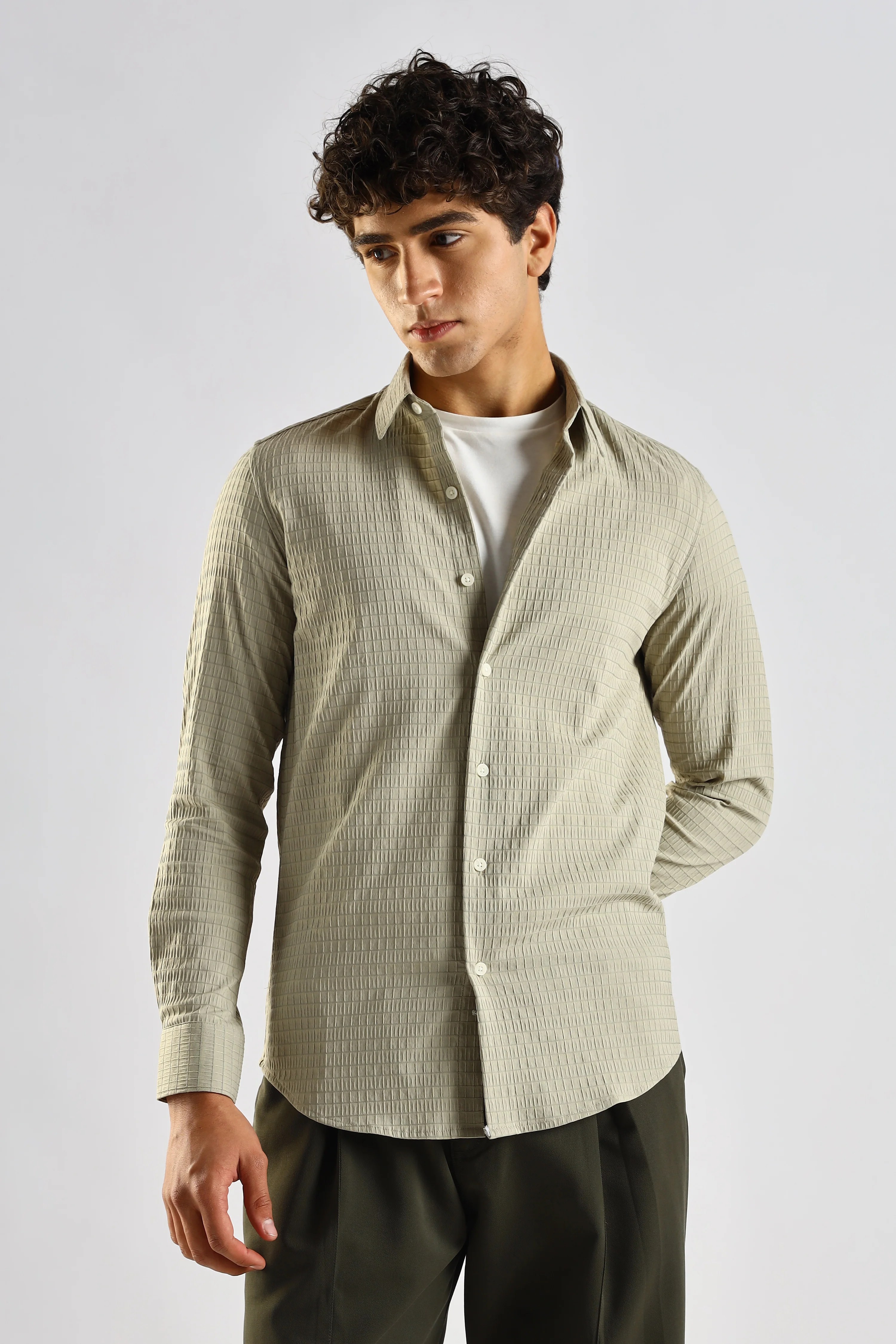 Men Green Poly Blend Slim Fit Shirt