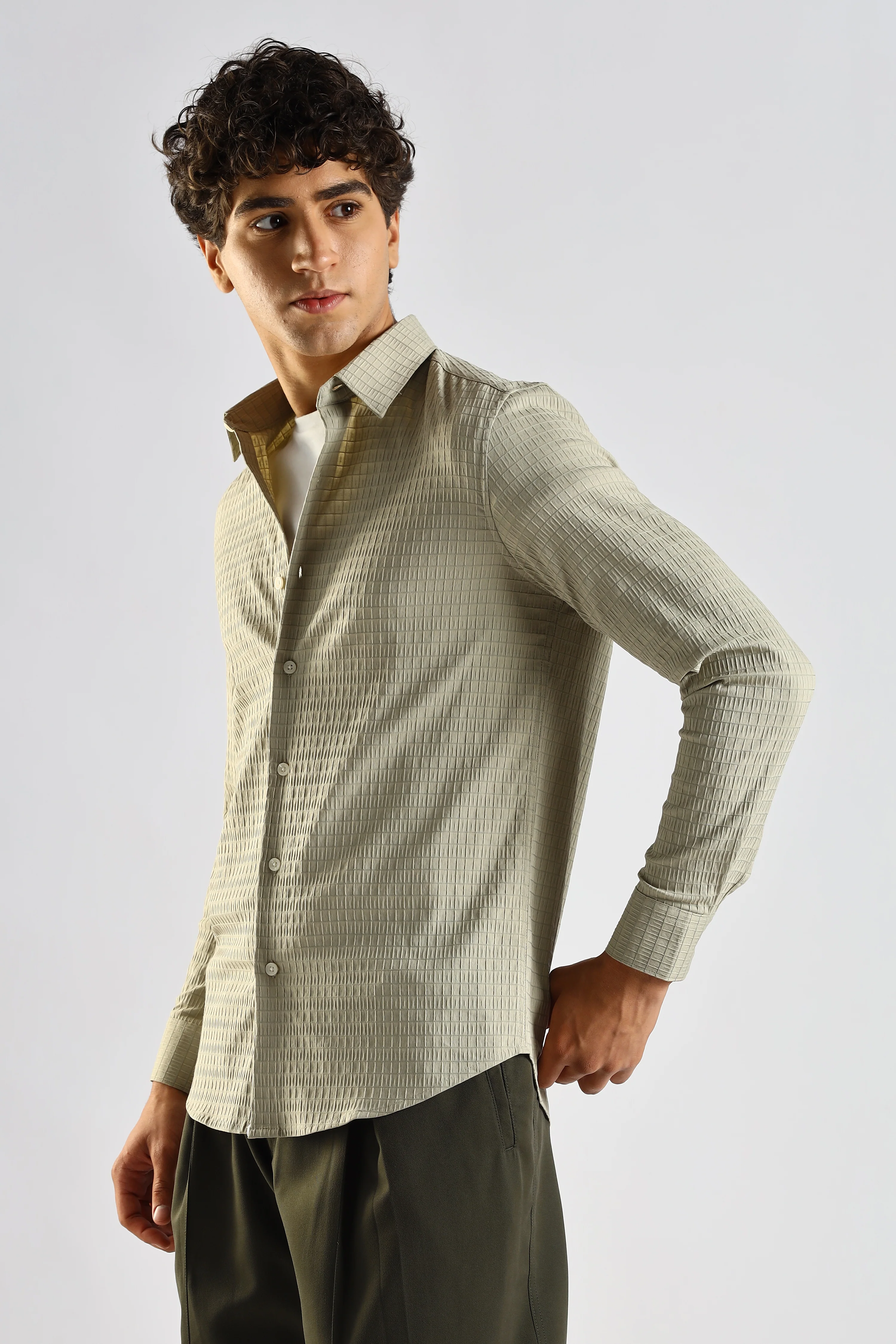 Men Green Poly Blend Slim Fit Shirt - Image 3