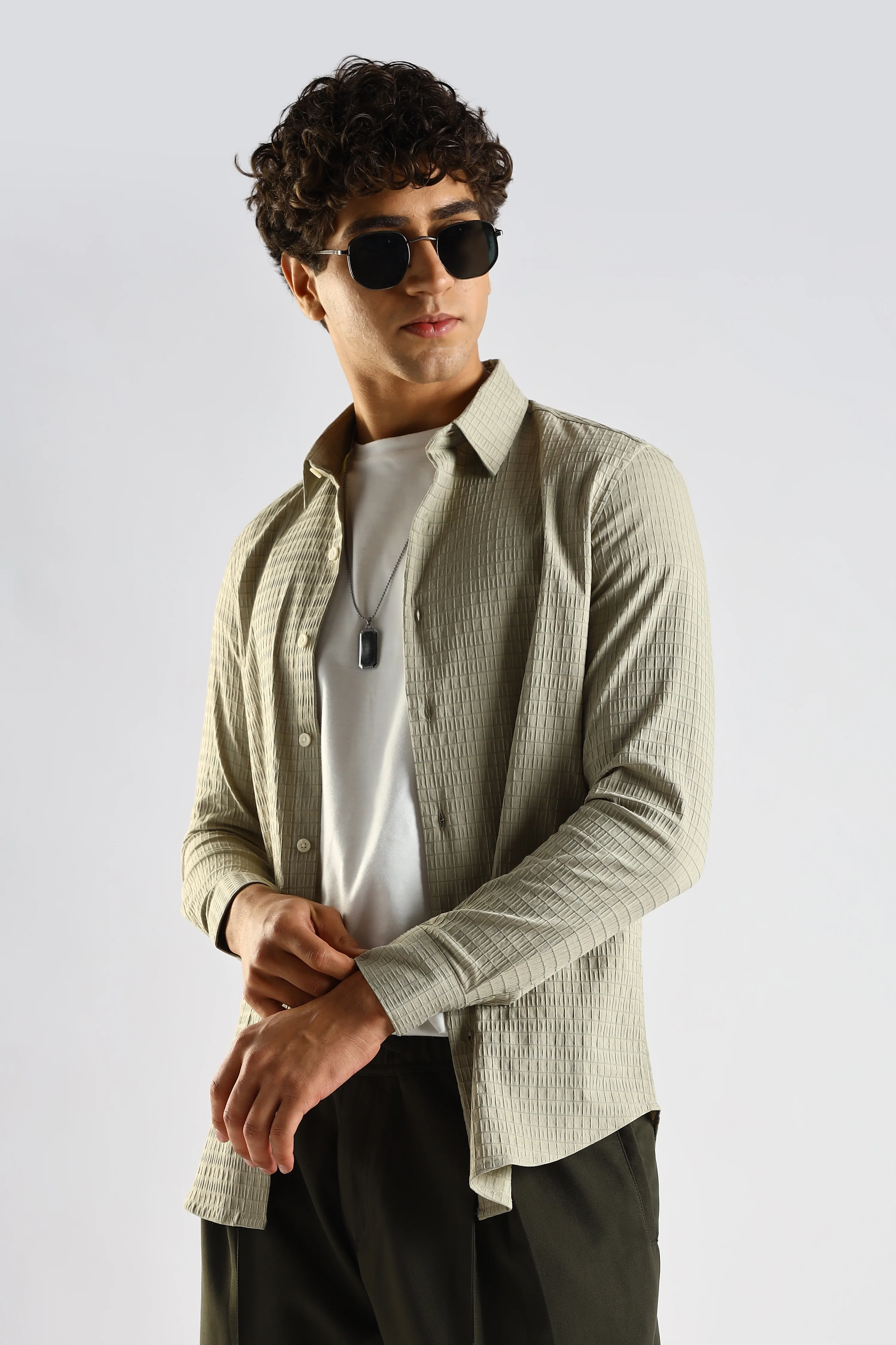 Men Green Poly Blend Slim Fit Shirt - Image 9