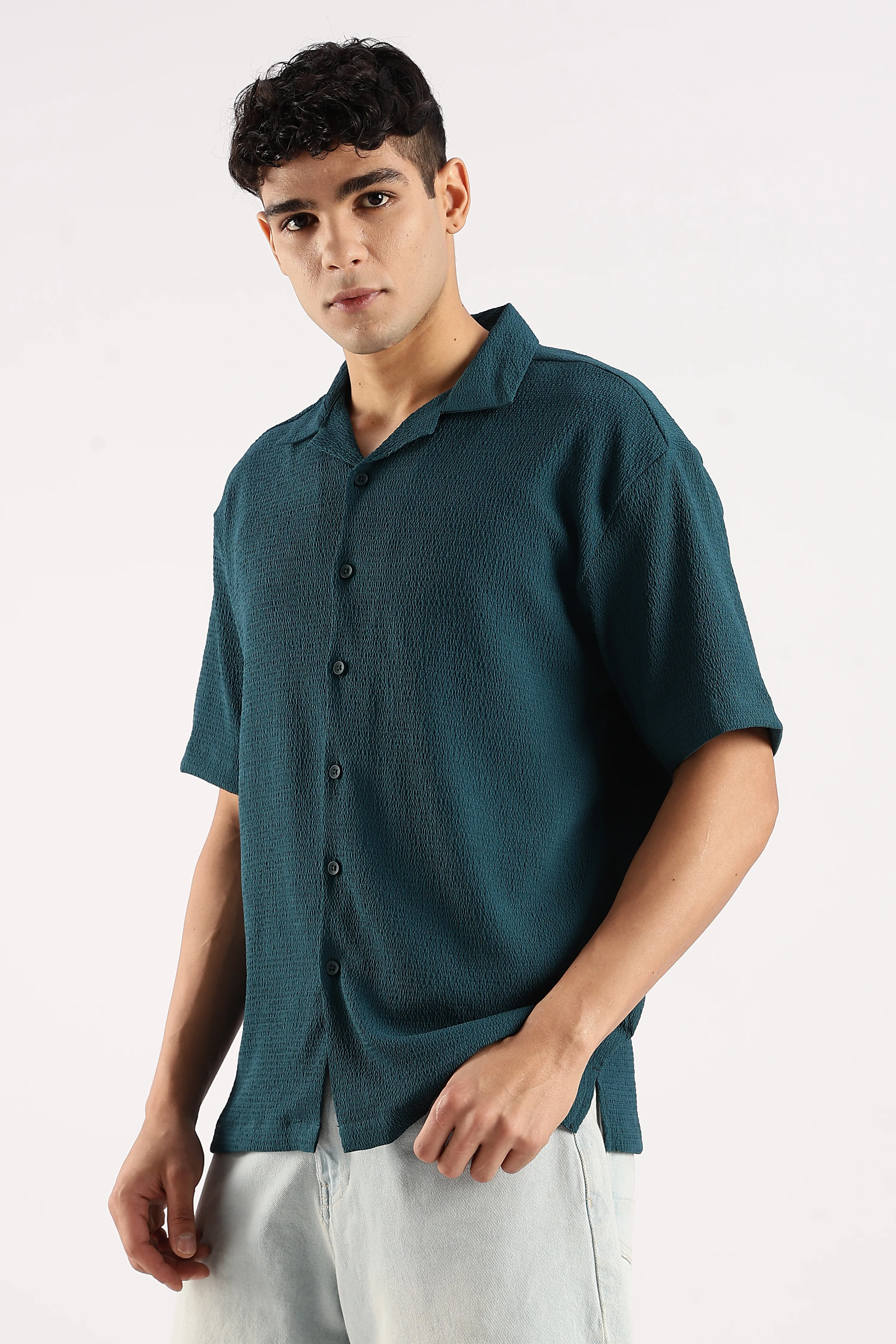 Men Green Poly Textured Shirt - Image 4