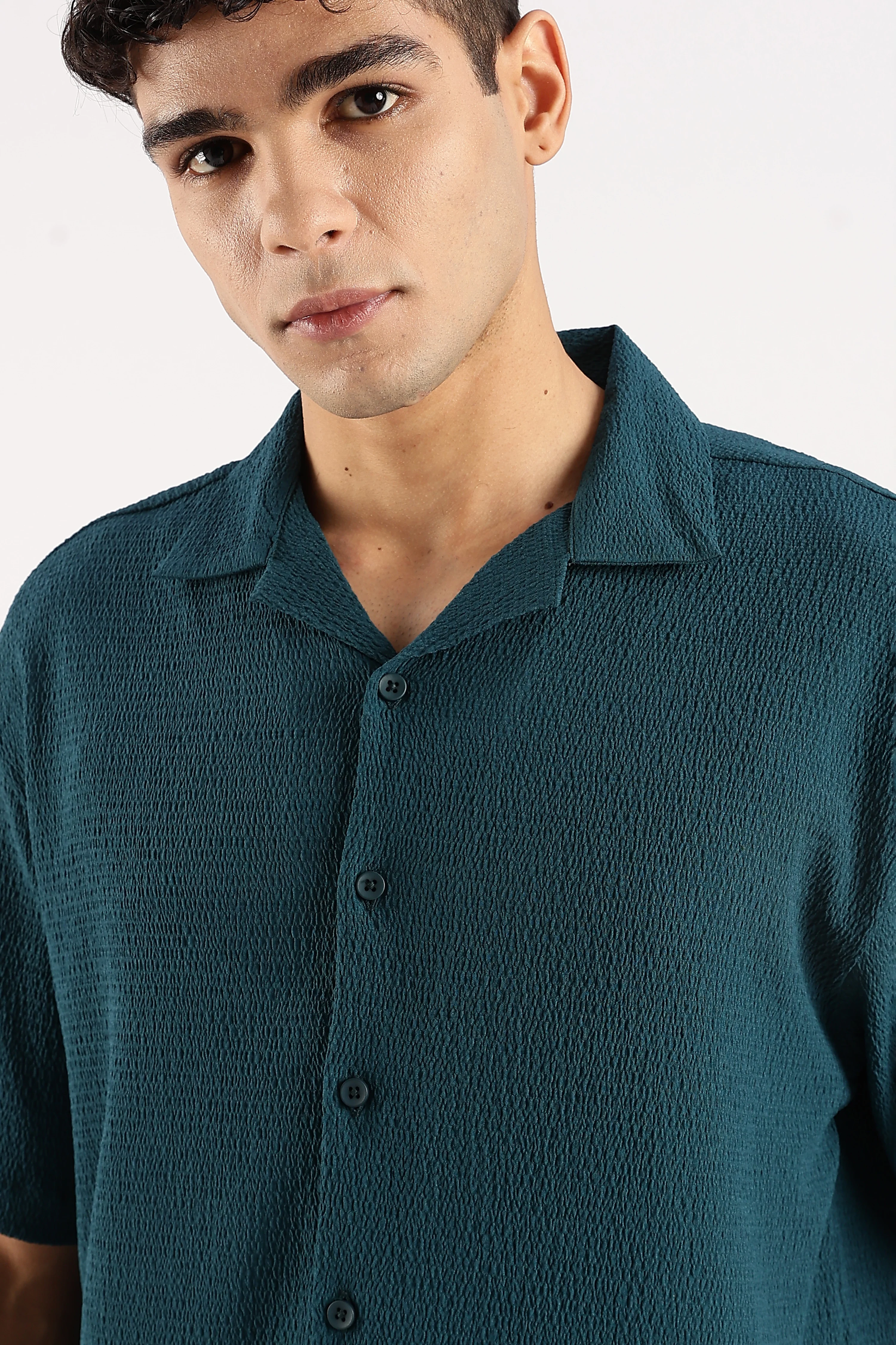 Men Green Poly Textured Shirt - Image 5
