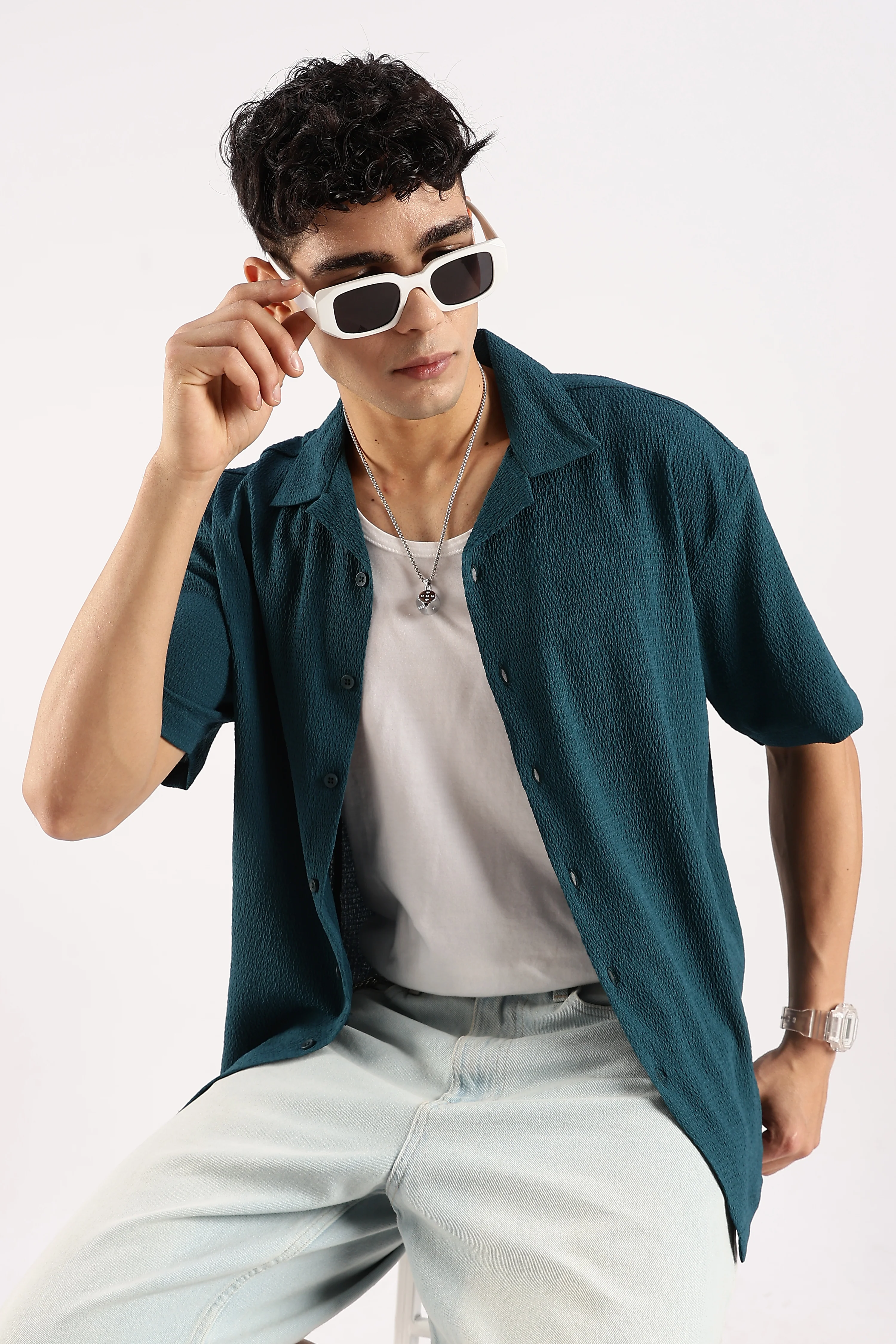 Men Green Poly Textured Shirt - Image 8