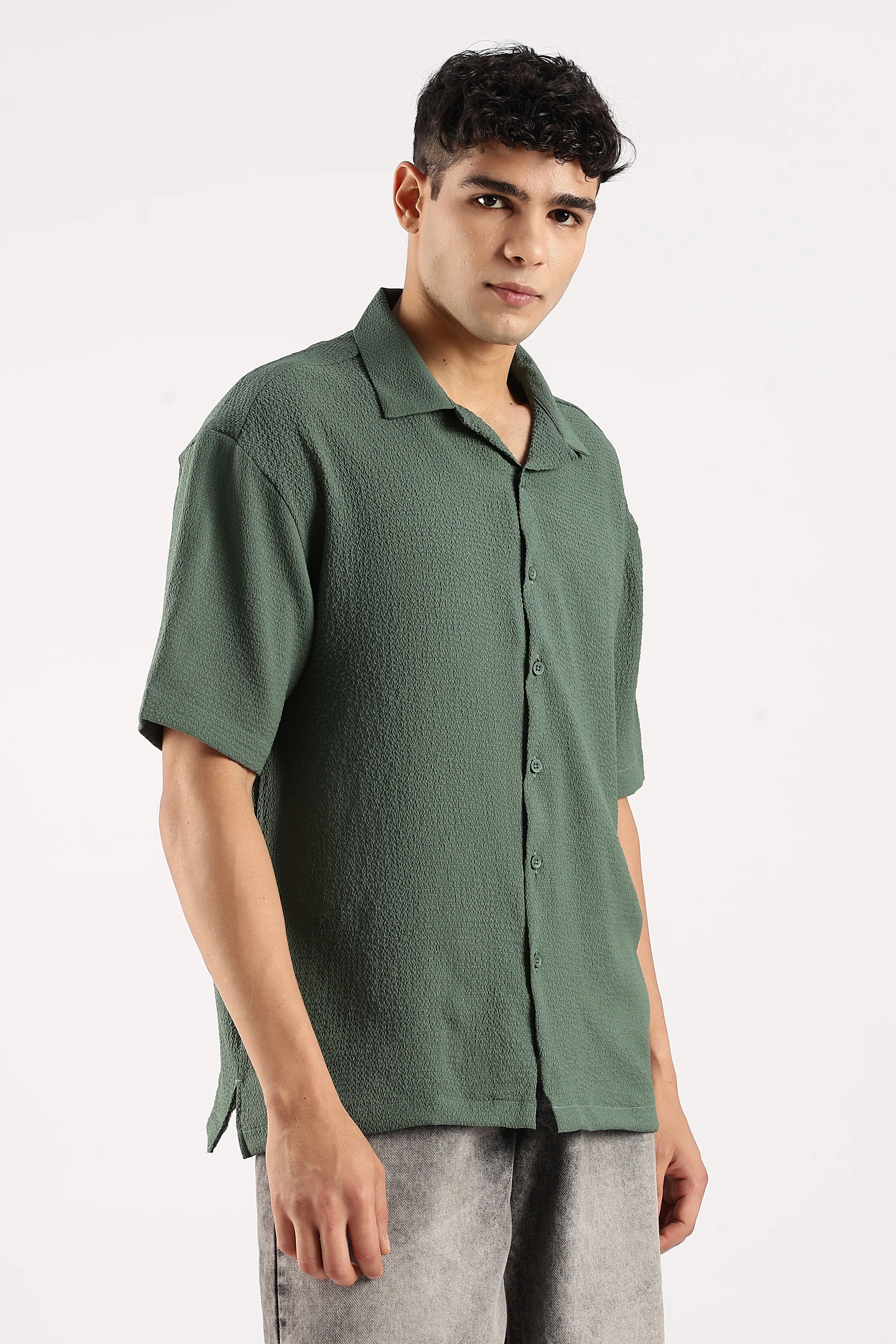 Men Green Poly Textured Shirt - Image 2