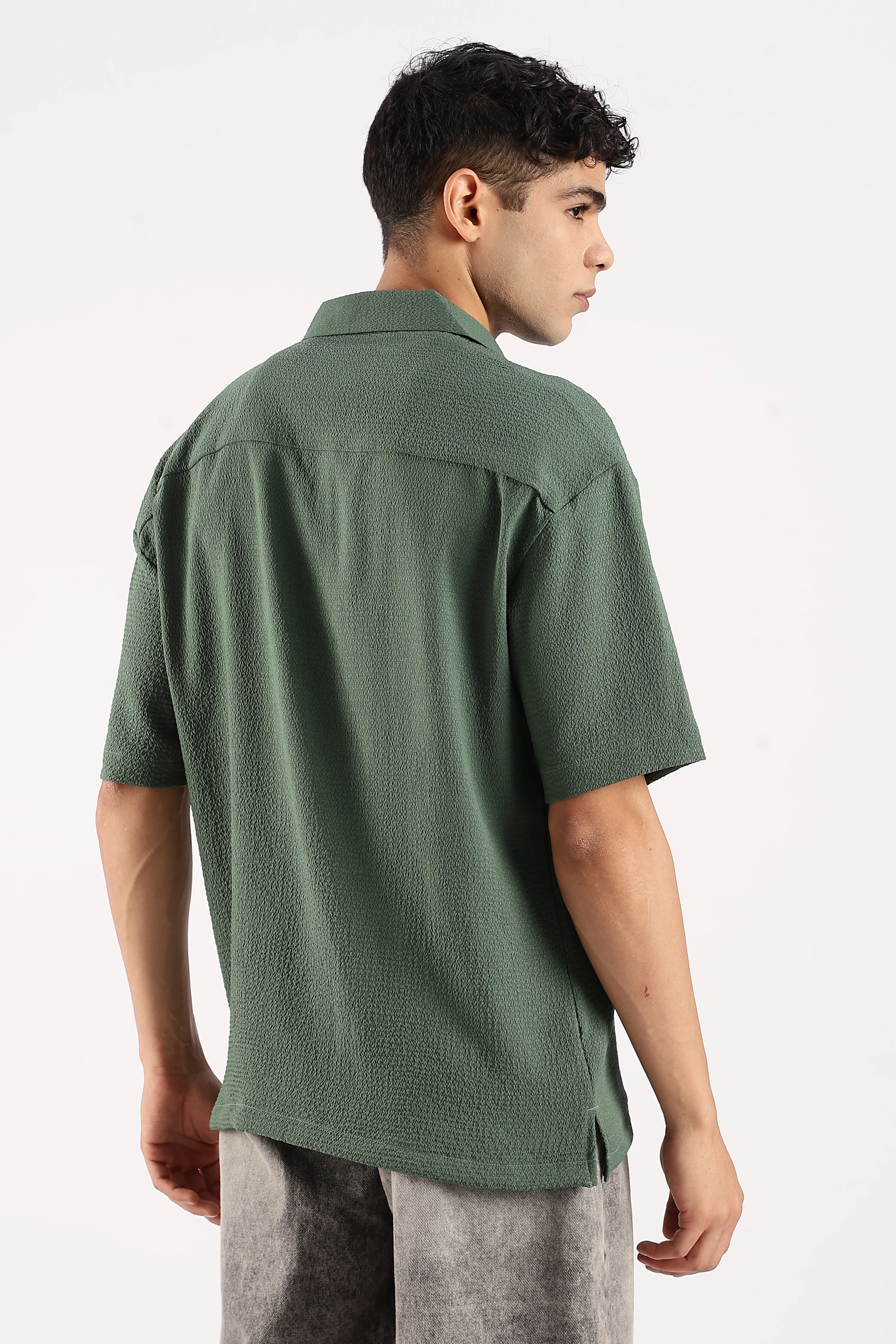 Men Green Poly Textured Shirt - Image 3