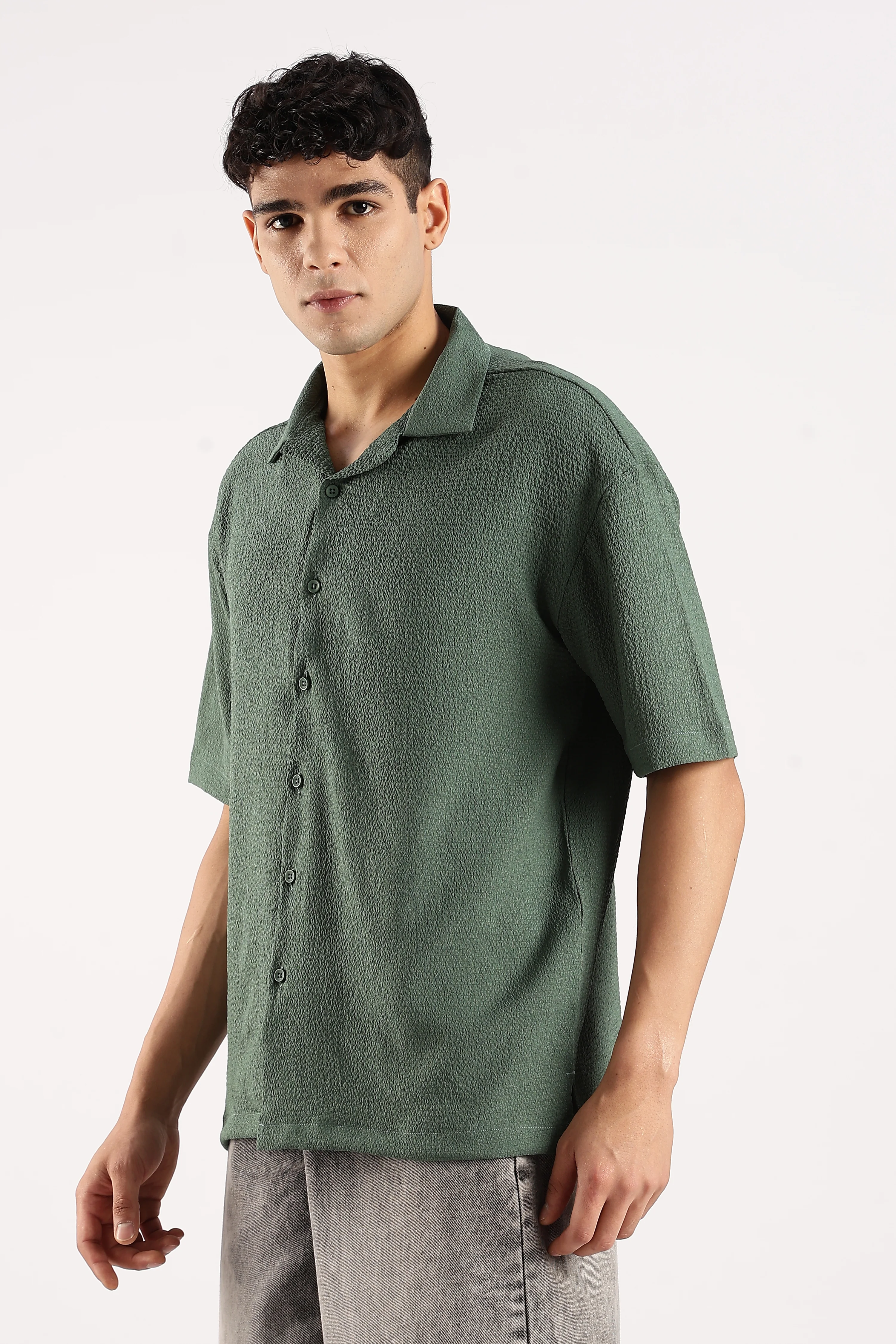 Men Green Poly Textured Shirt - Image 4