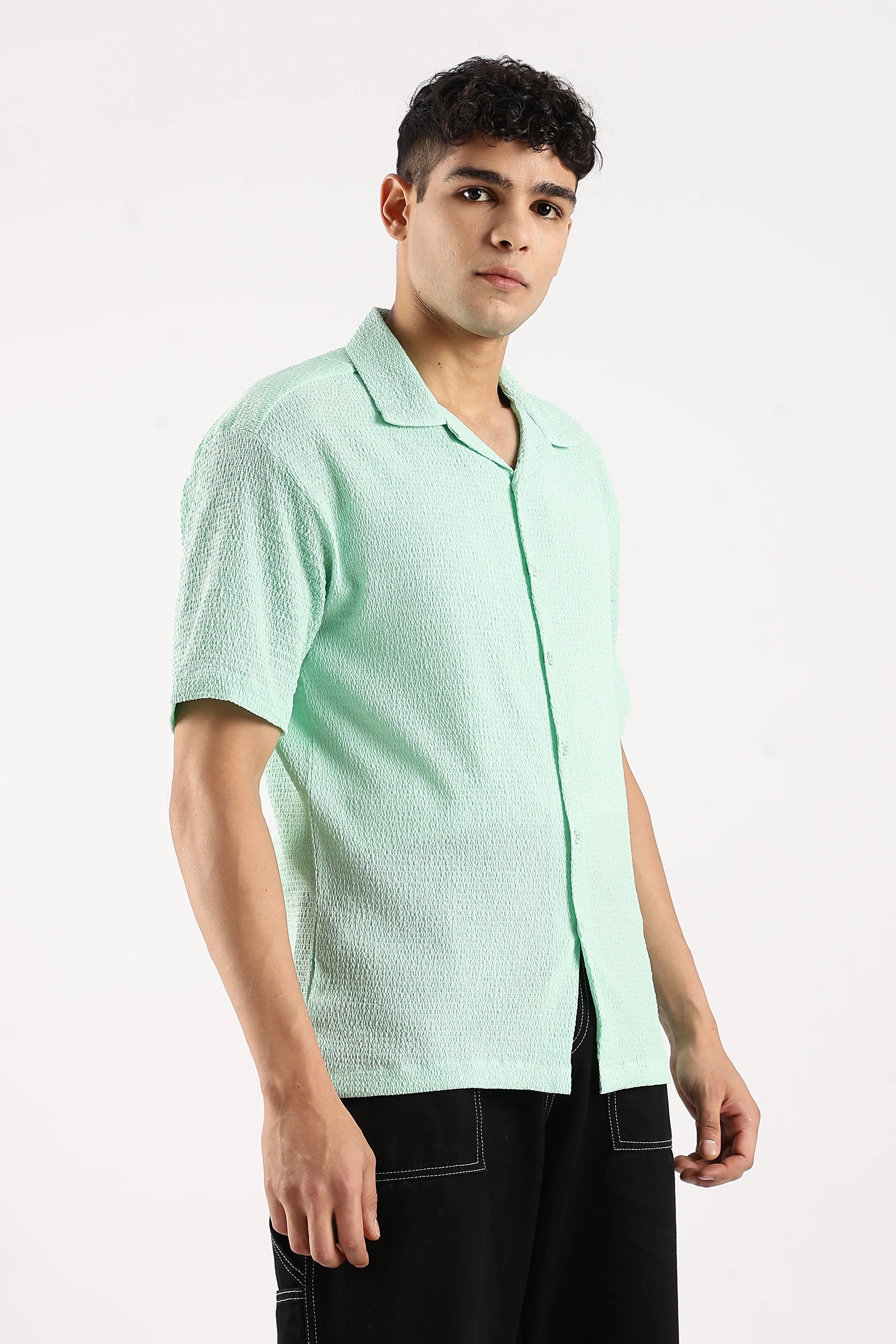 Men Green Poly Textured Shirt - Image 2