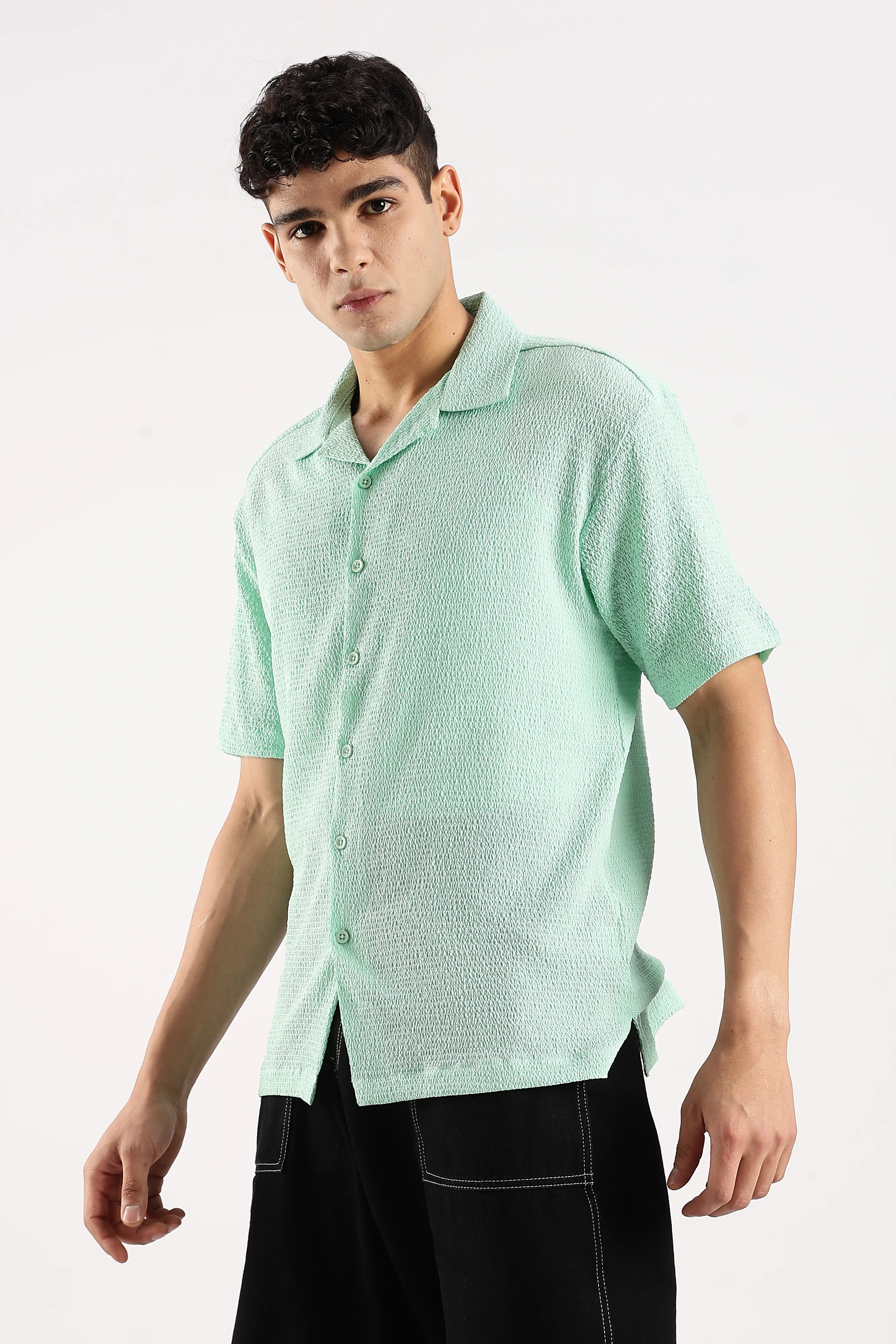 Men Green Poly Textured Shirt - Image 4