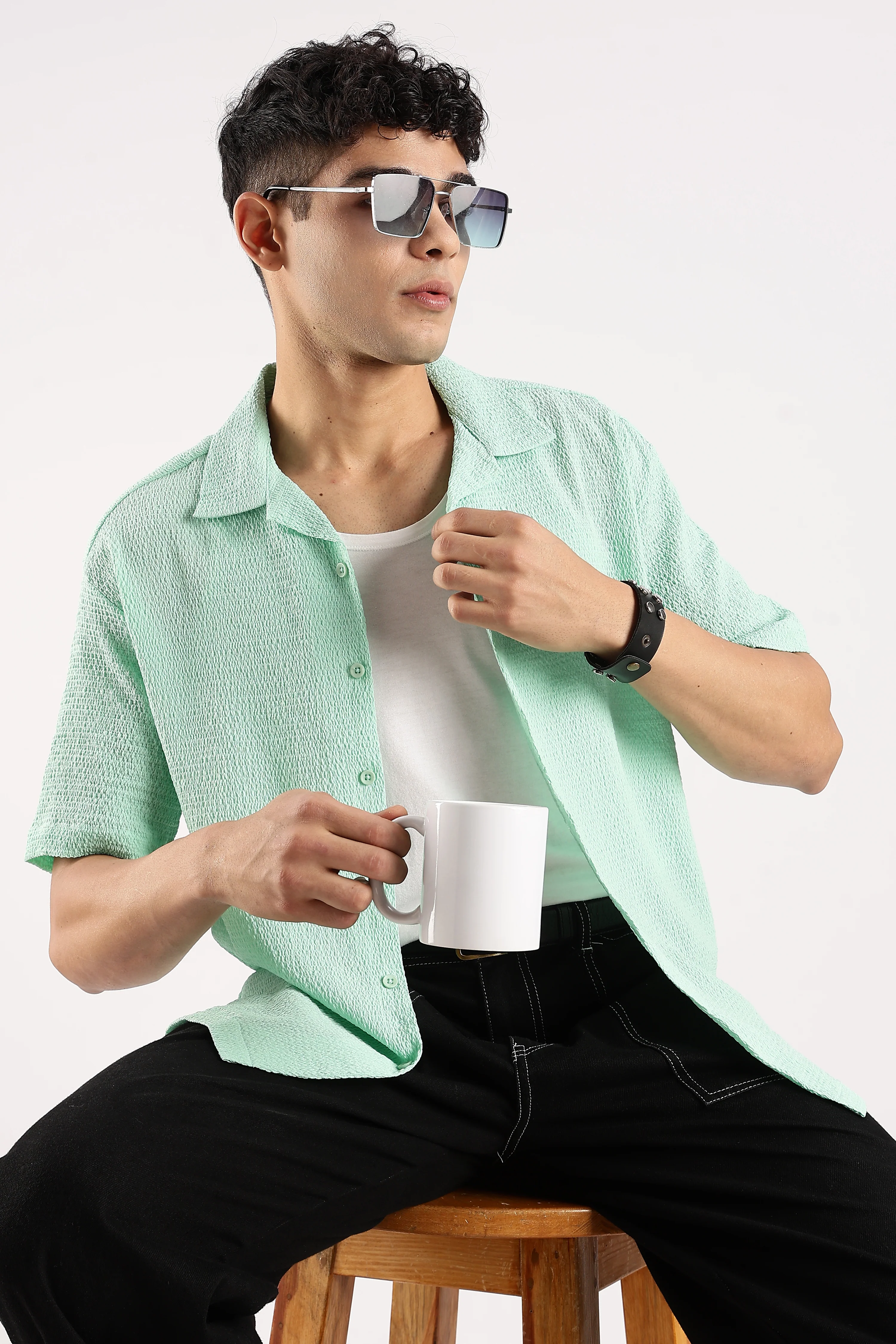 Men Green Poly Textured Shirt - Image 6
