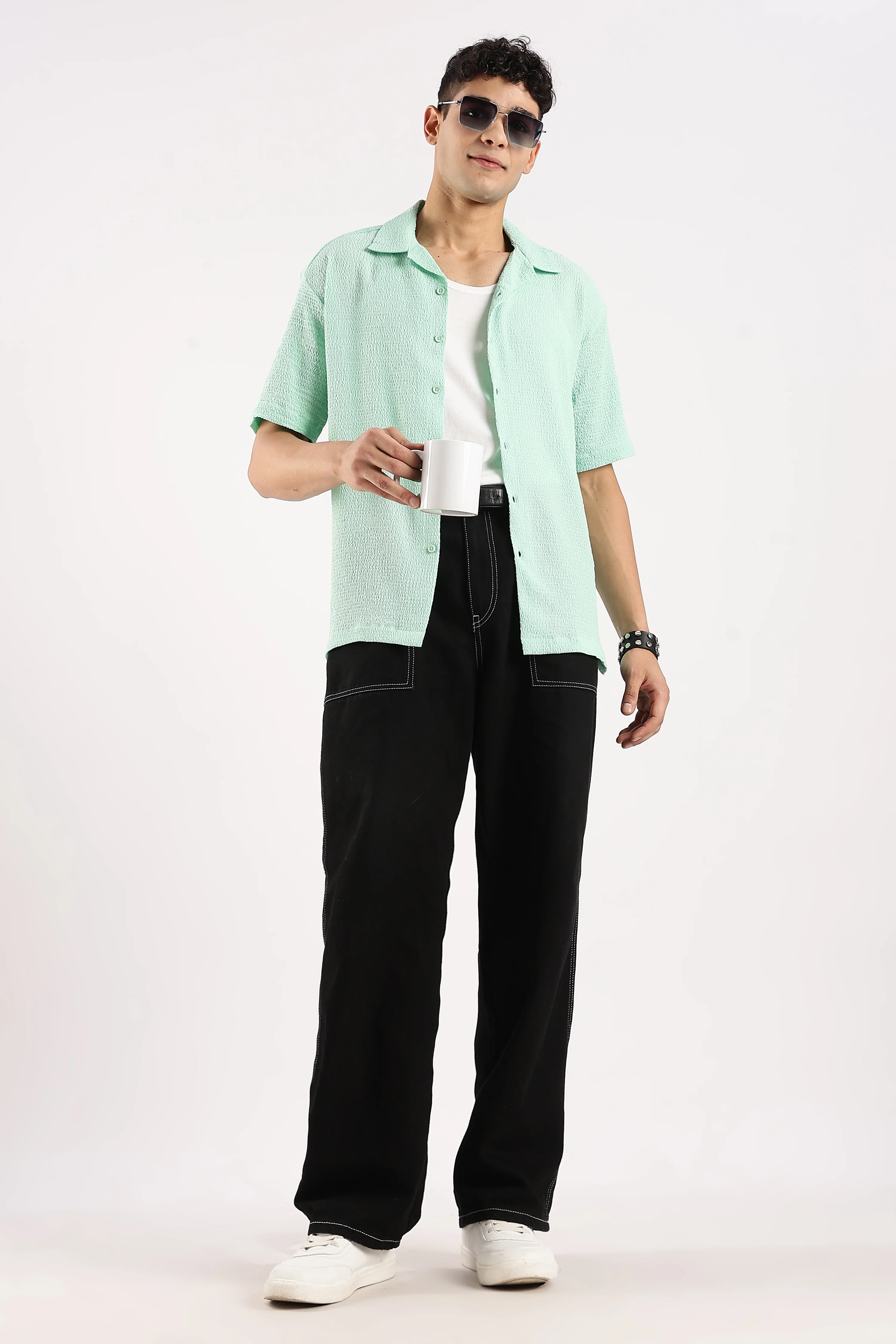 Men Green Poly Textured Shirt - Image 7