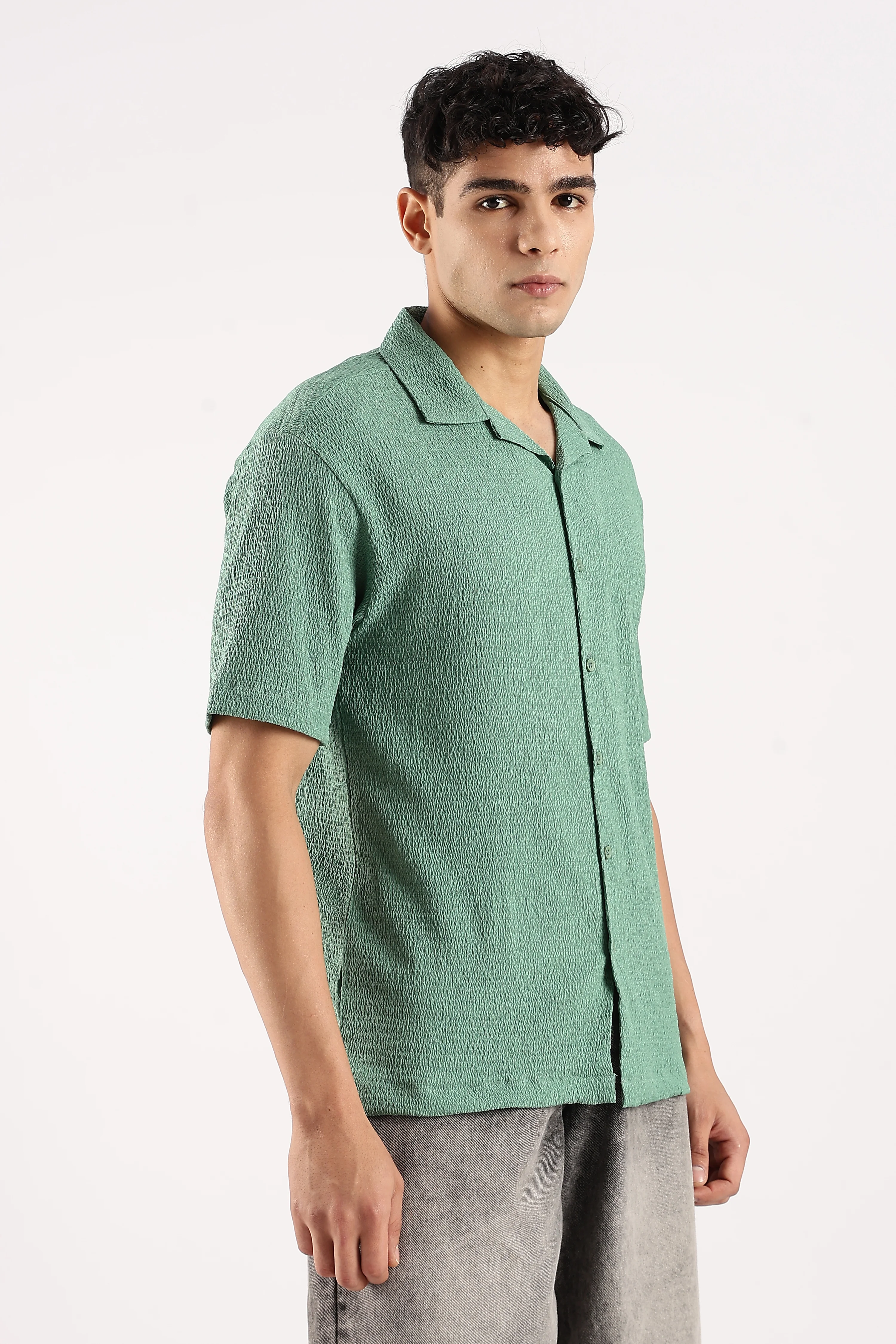 Men Green Poly Textured Shirt - Image 2