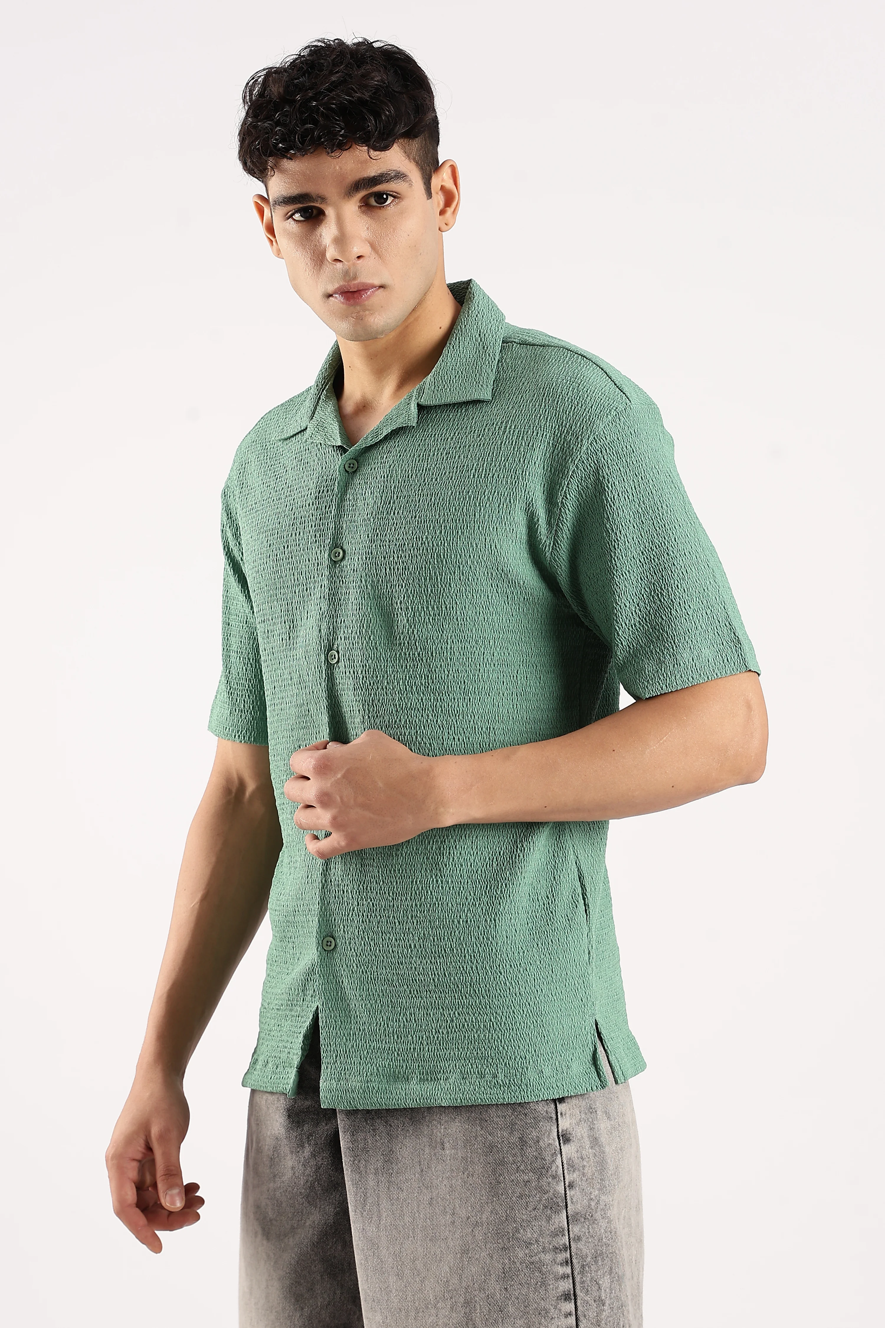 Men Green Poly Textured Shirt - Image 4
