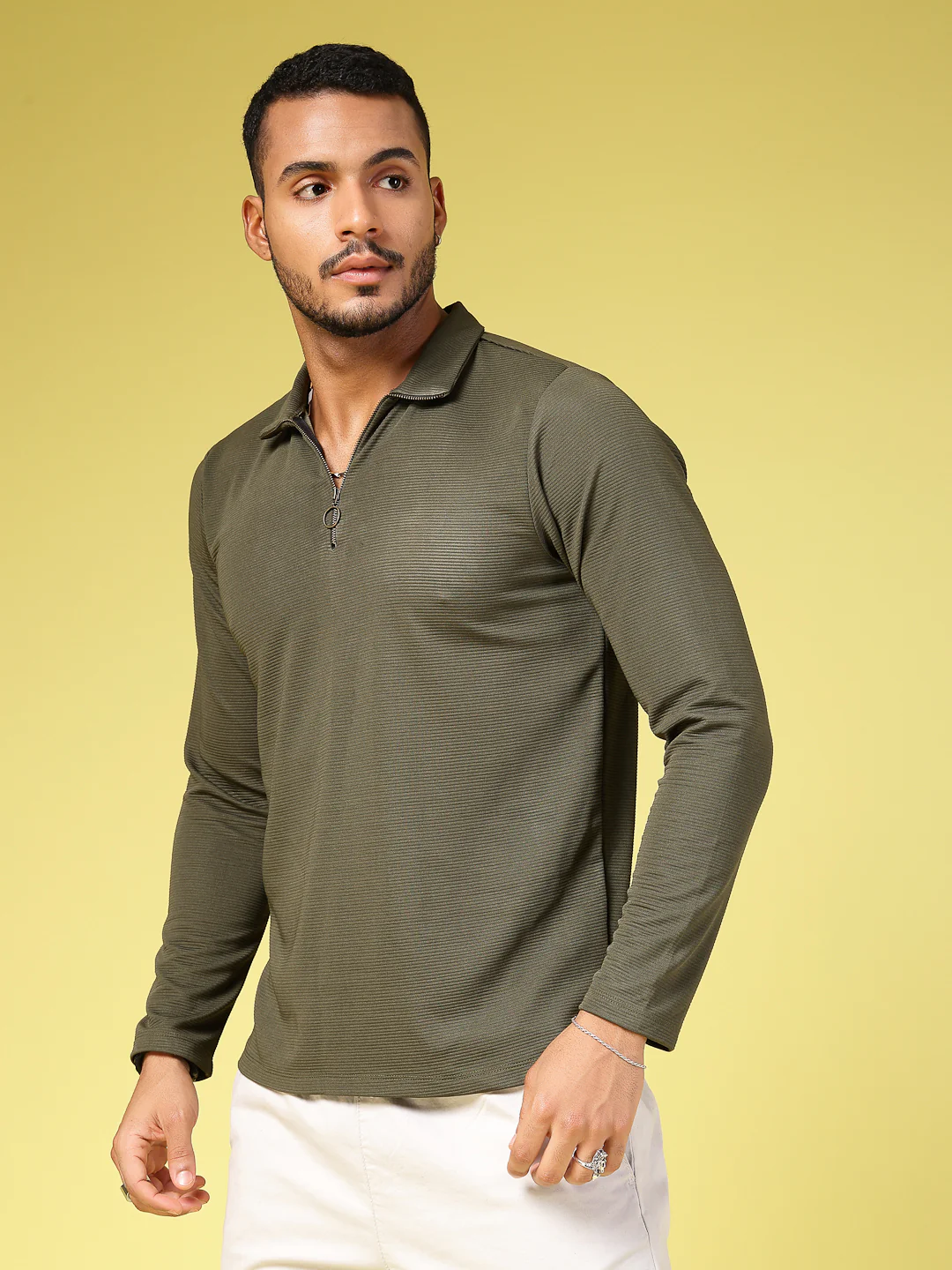 Men Green Polycorduroy T-shirt - Image 3
