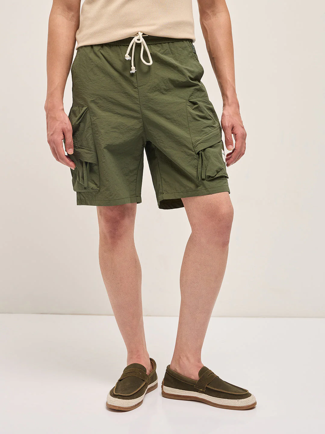 Men Green Polyester Regular Fit Knee-Length Cargo Shorts - Image 6