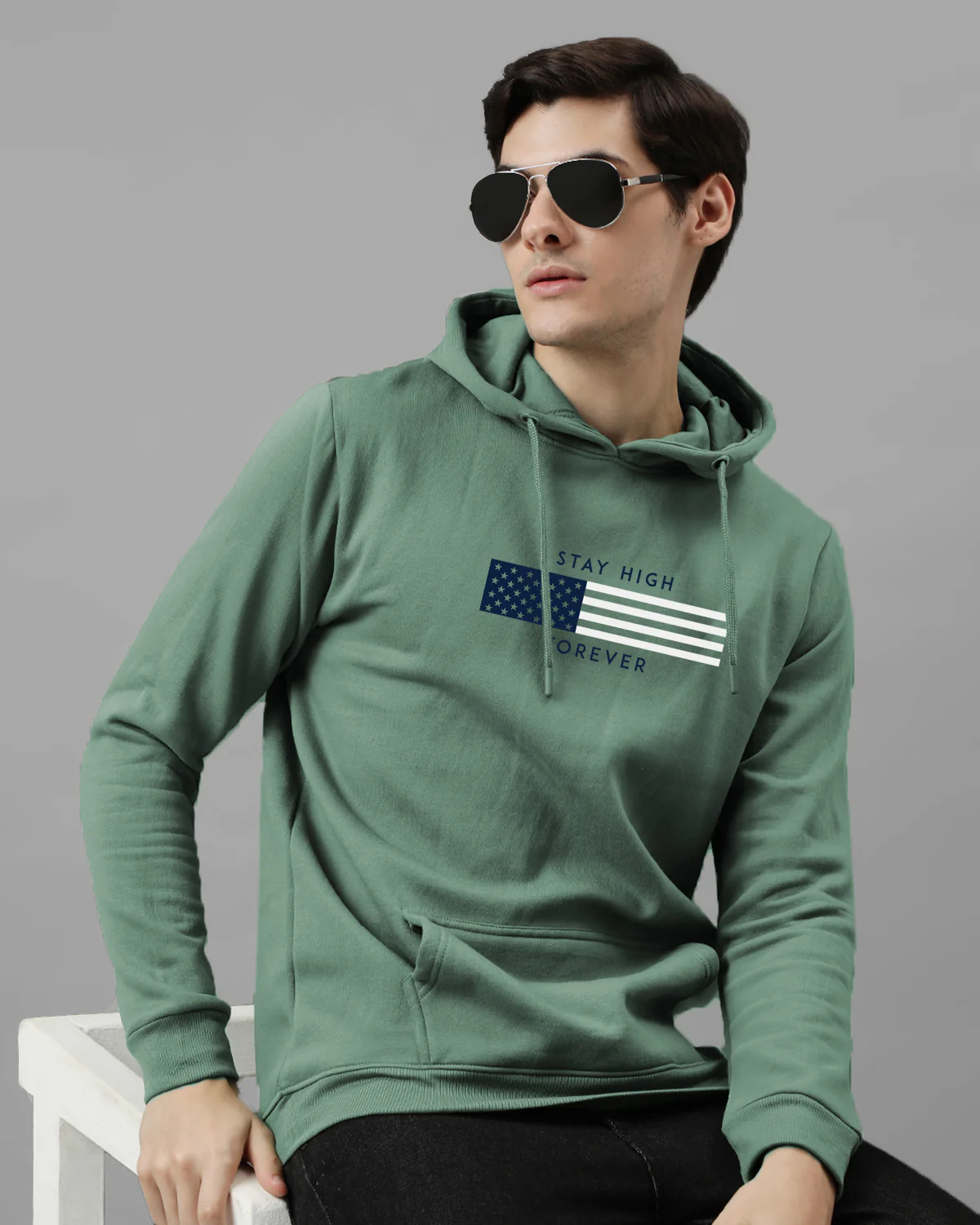 Men Green Printed Cotton Hoodie - Image 3