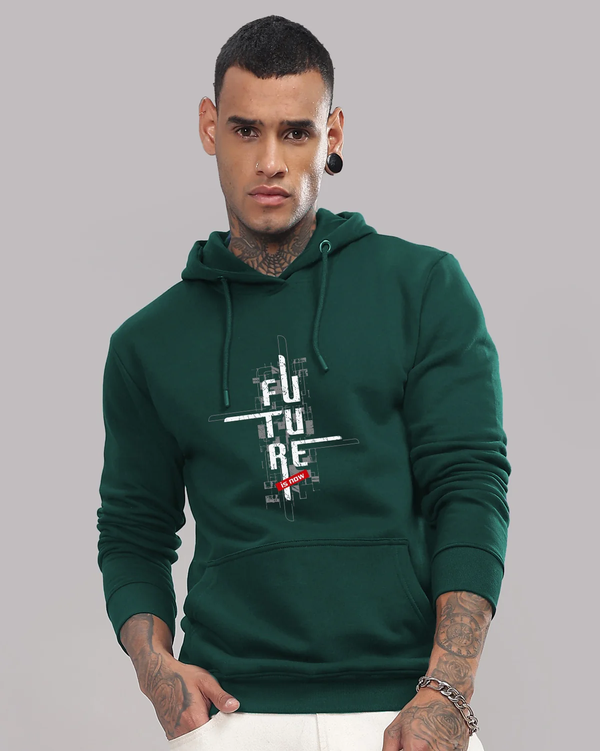 Men Green Printed Cotton Hoodie - Image 2
