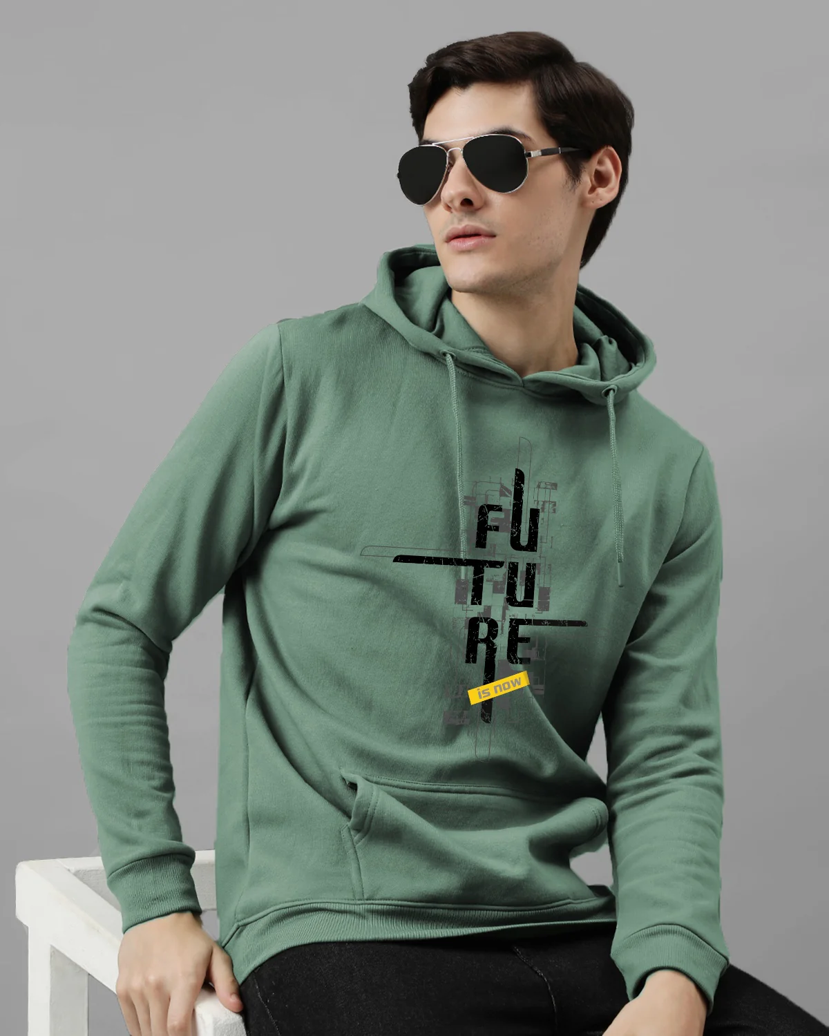 Men Green Printed Cotton Hoodie - Image 3