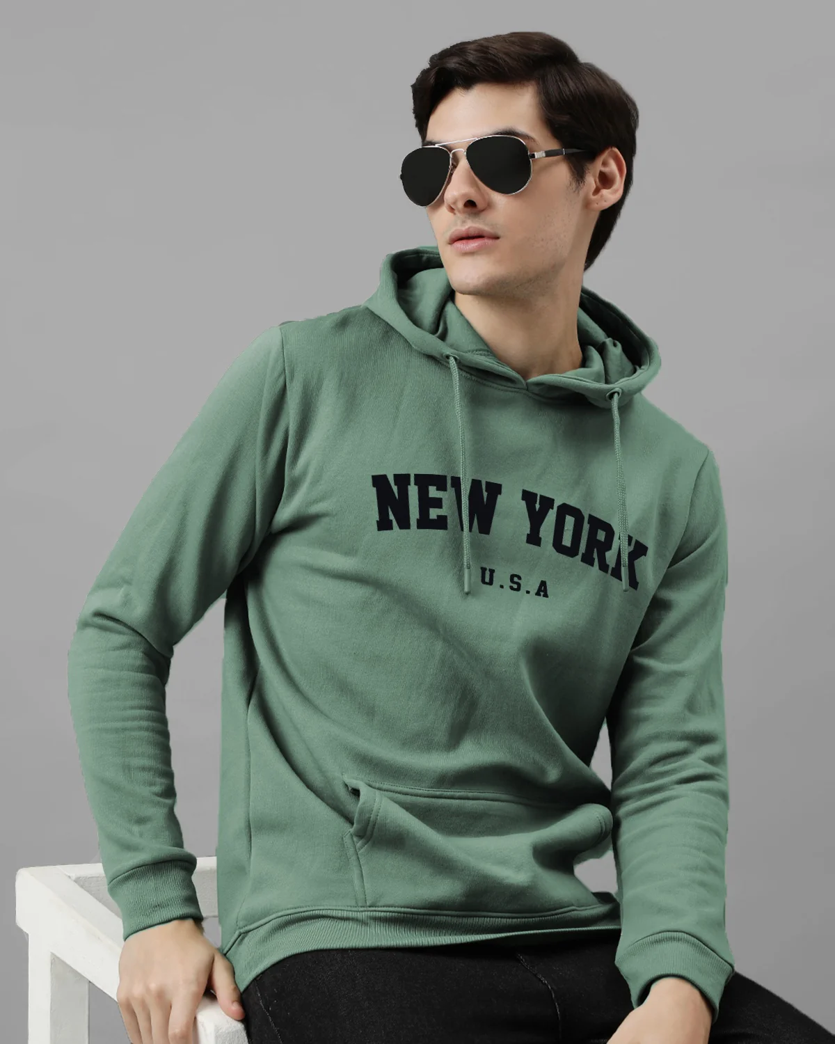 Men Green Printed Cotton Hoodie - Image 3