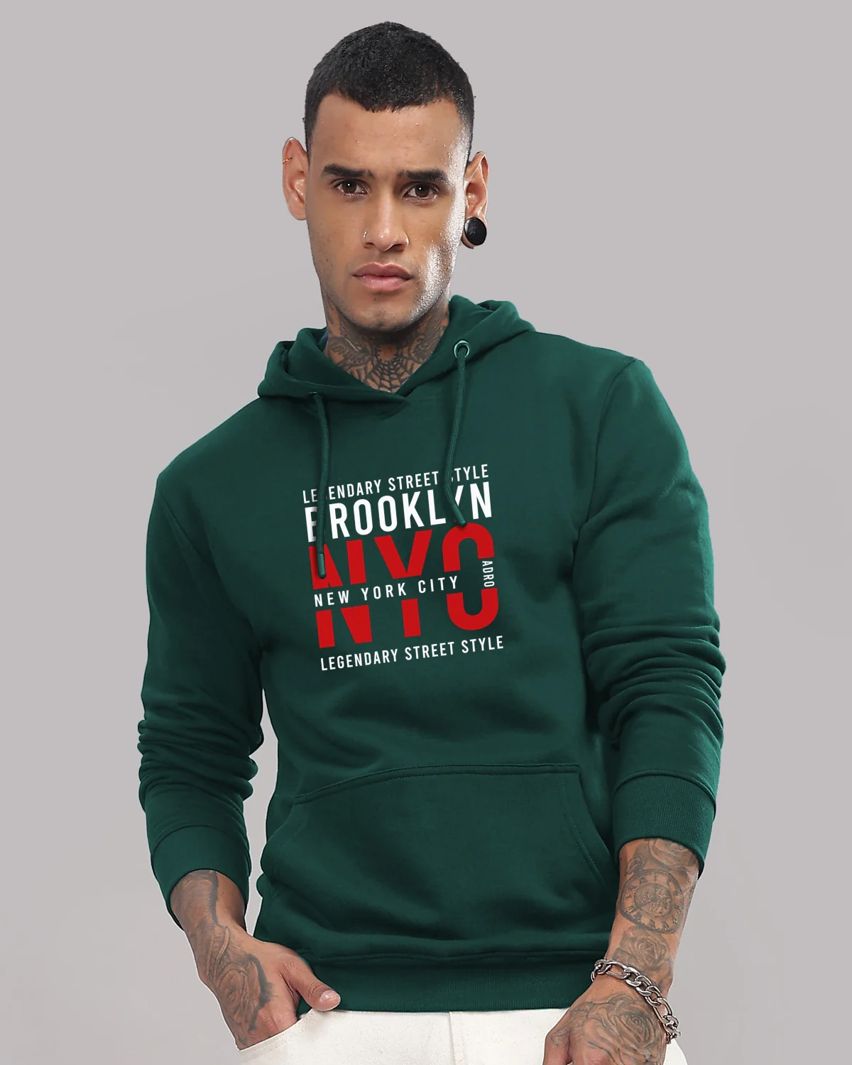 Men Green Printed Cotton Hoodie - Image 2