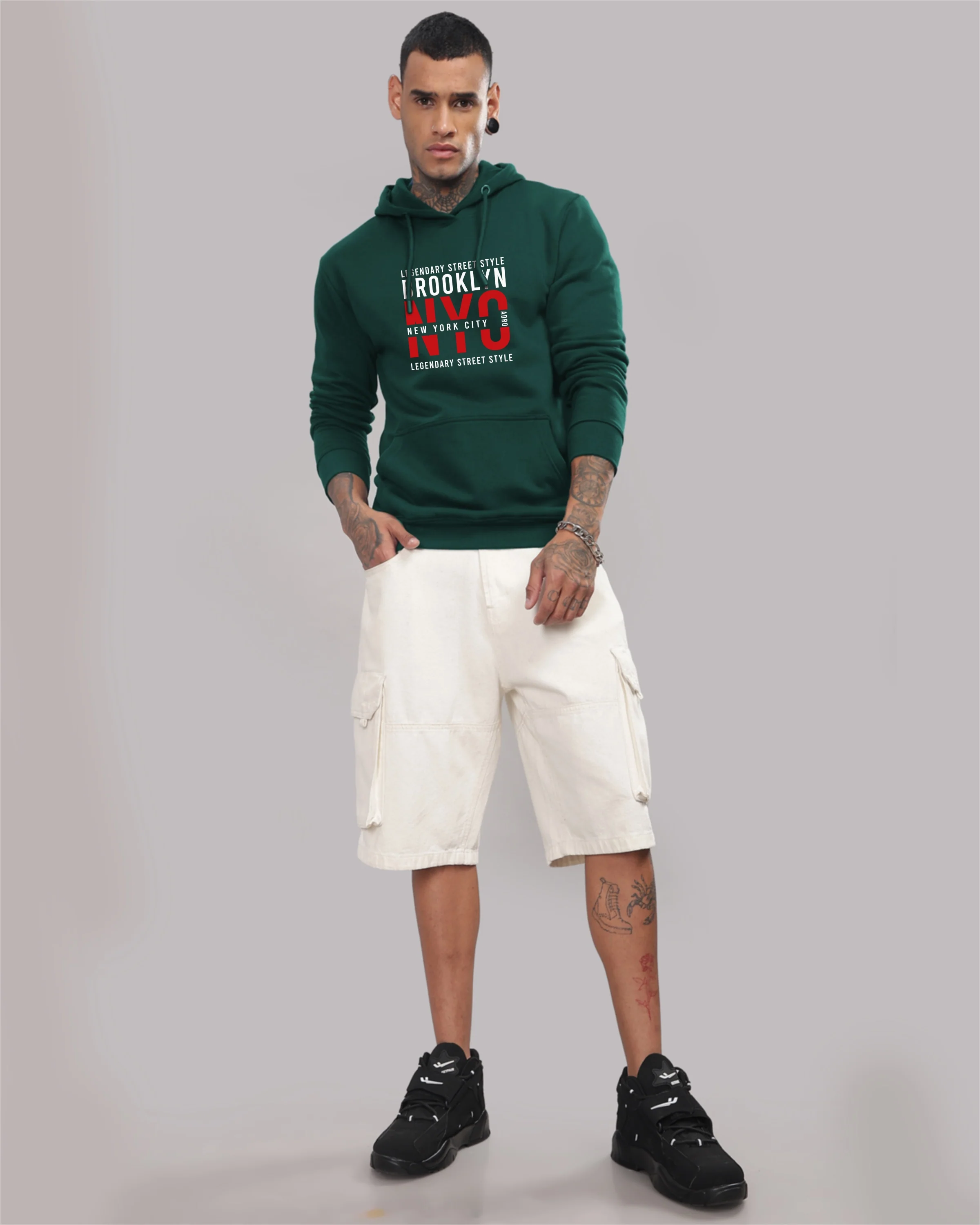 Men Green Printed Cotton Hoodie - Image 5