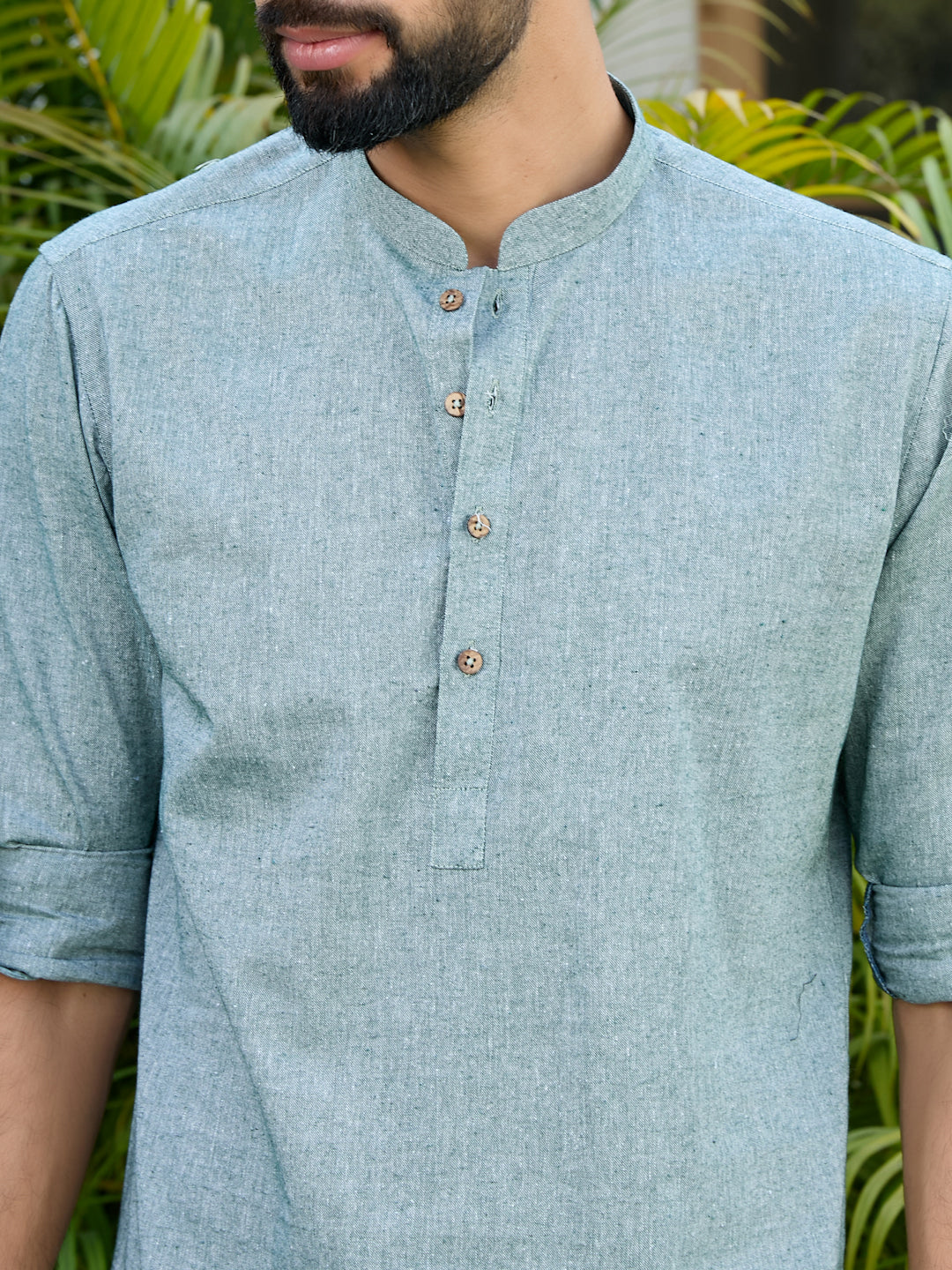 Men Green Pure Cotton Short Kurta - Image 2