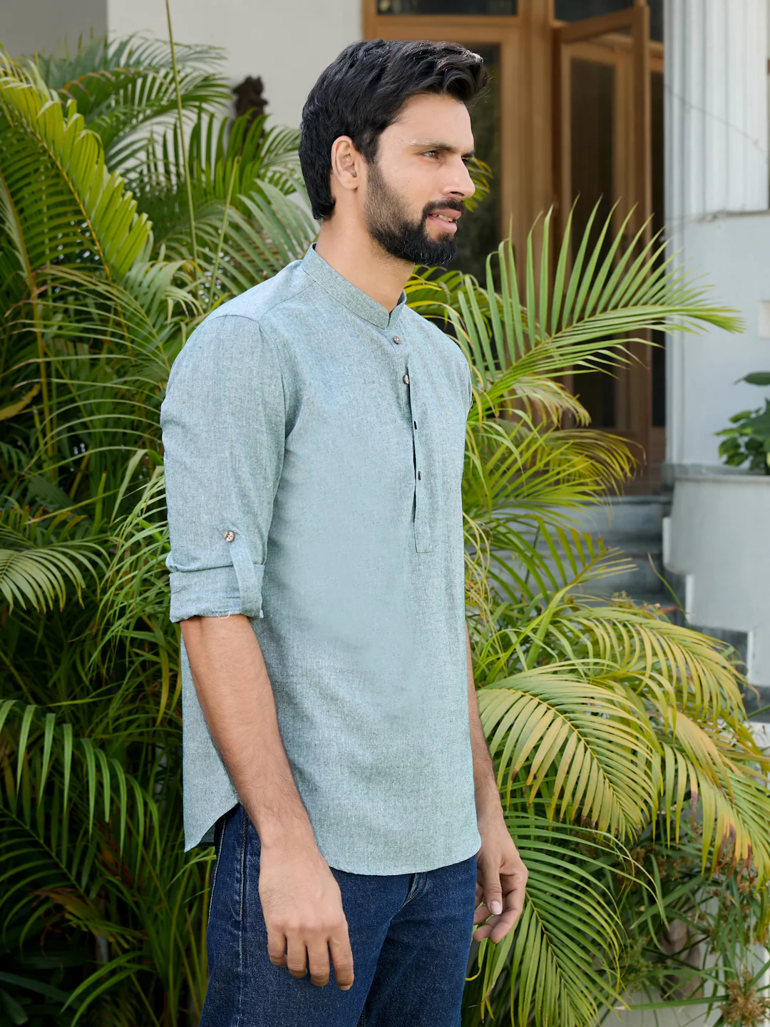 Men Green Pure Cotton Short Kurta - Image 3