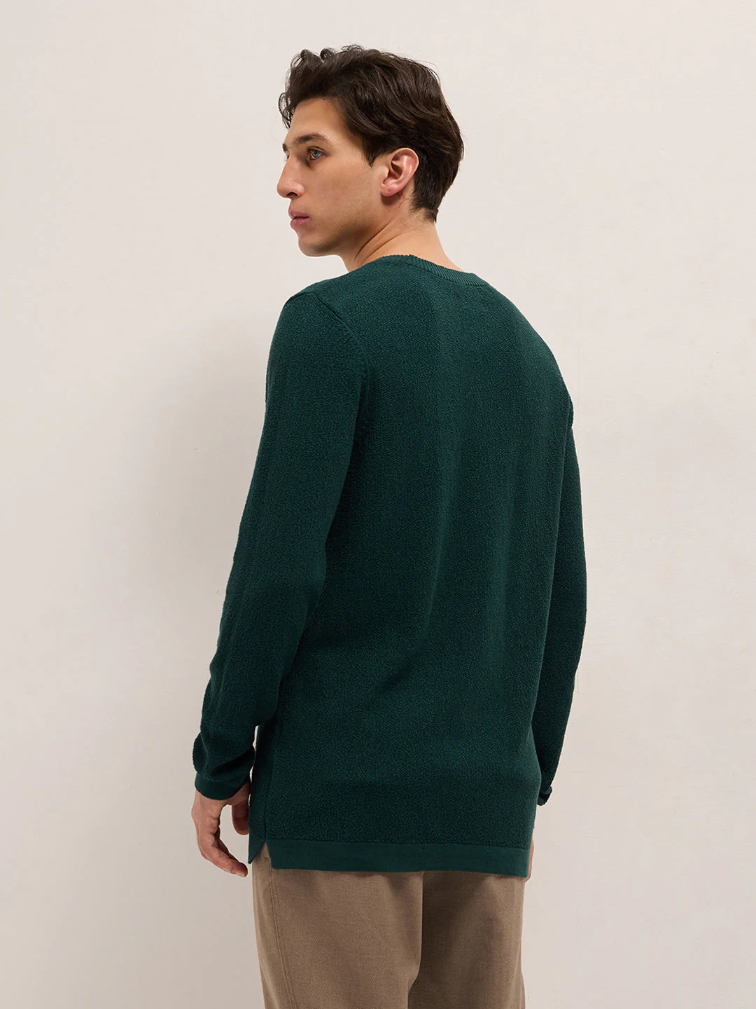 Men Green Regular Fit Full Sleeve Flat Knit T-Shirt - Image 2
